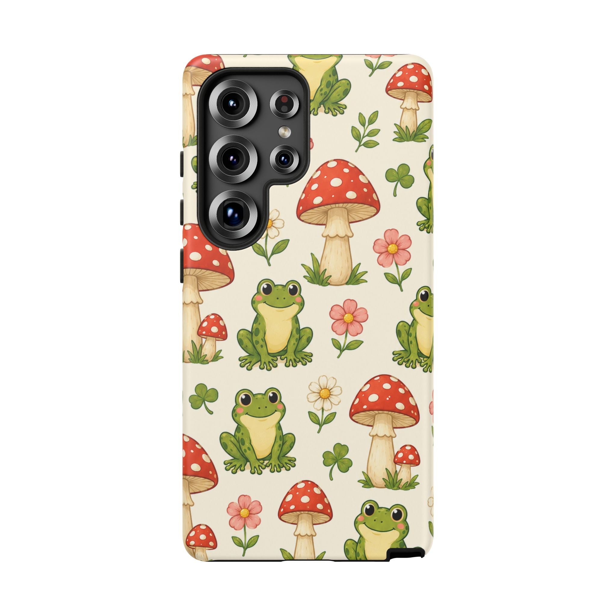 Kawaii Frog & Red Capped Mushroom Phone Case – Cute Nature Pattern Protective Cover