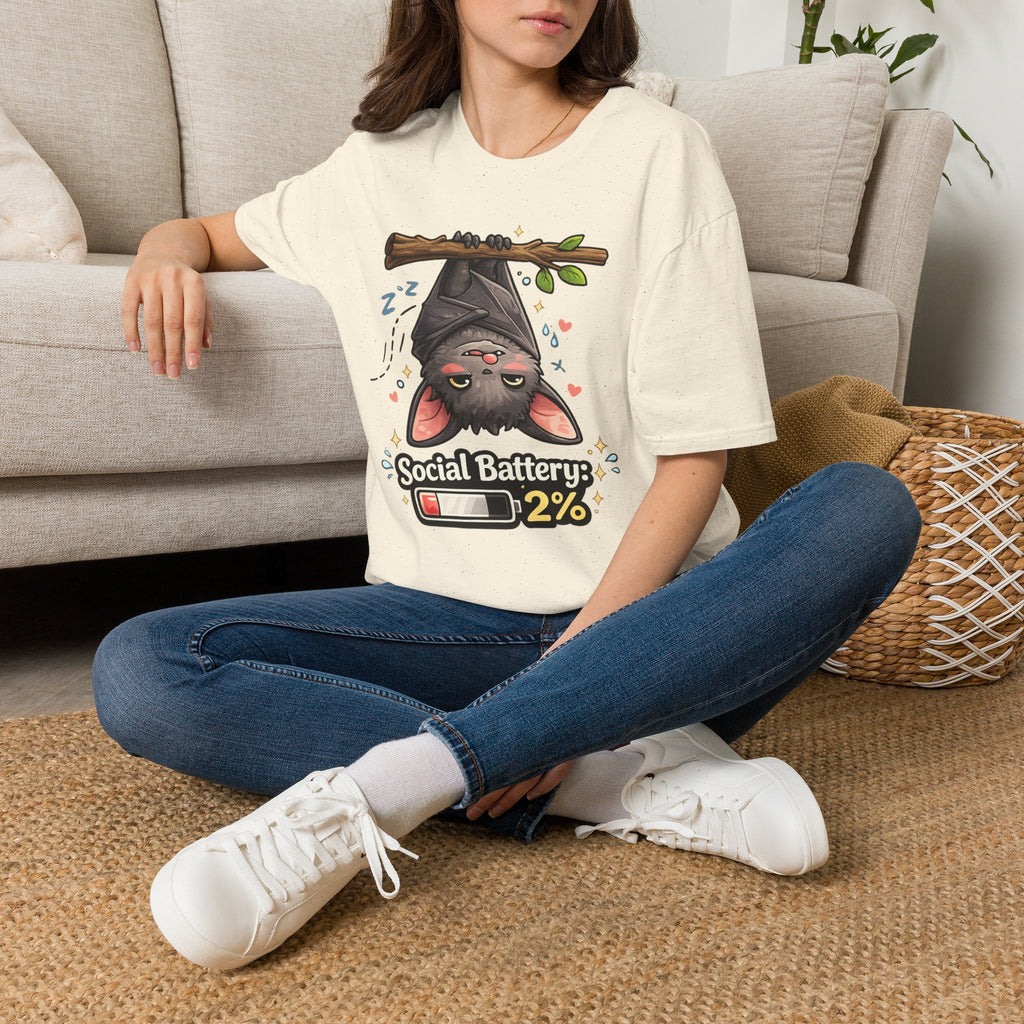 "Social Battery 2%" Cute Sleeping Bat Graphic Tee