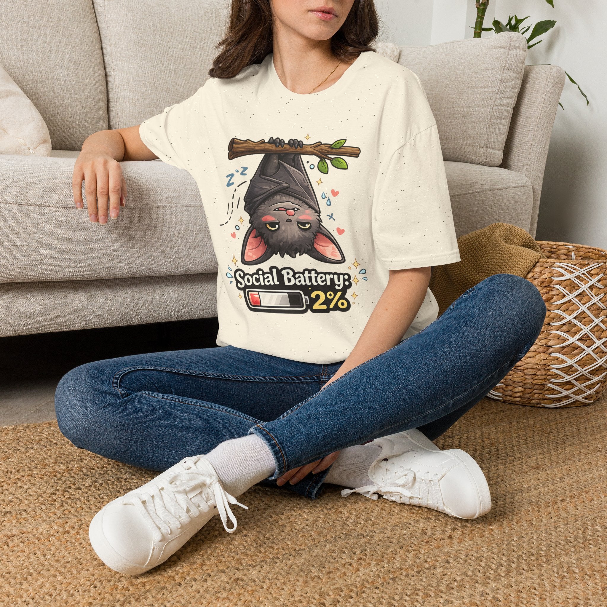 "Social Battery 2%" Cute Sleeping Bat Graphic Tee