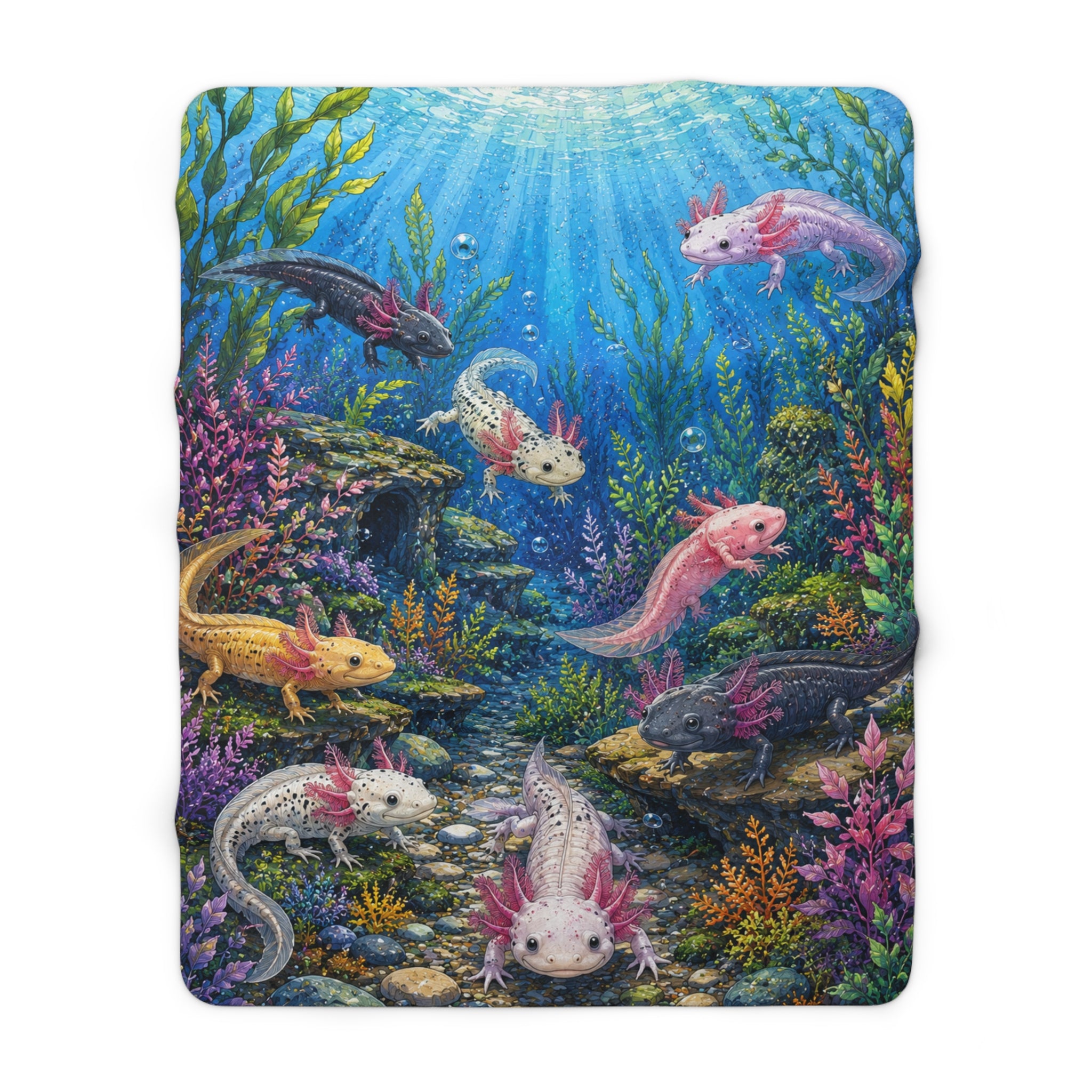 Axolotl Underwater Sherpa Blanket — Colorful Aquatic Creature Fleece Throw
