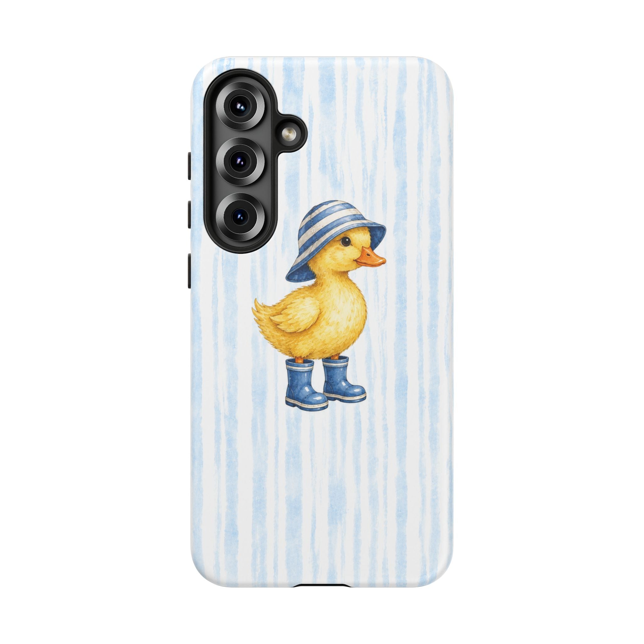 Cute Duckling Phone Case – Baby Blue Stripes with Duck in Hat & Boots