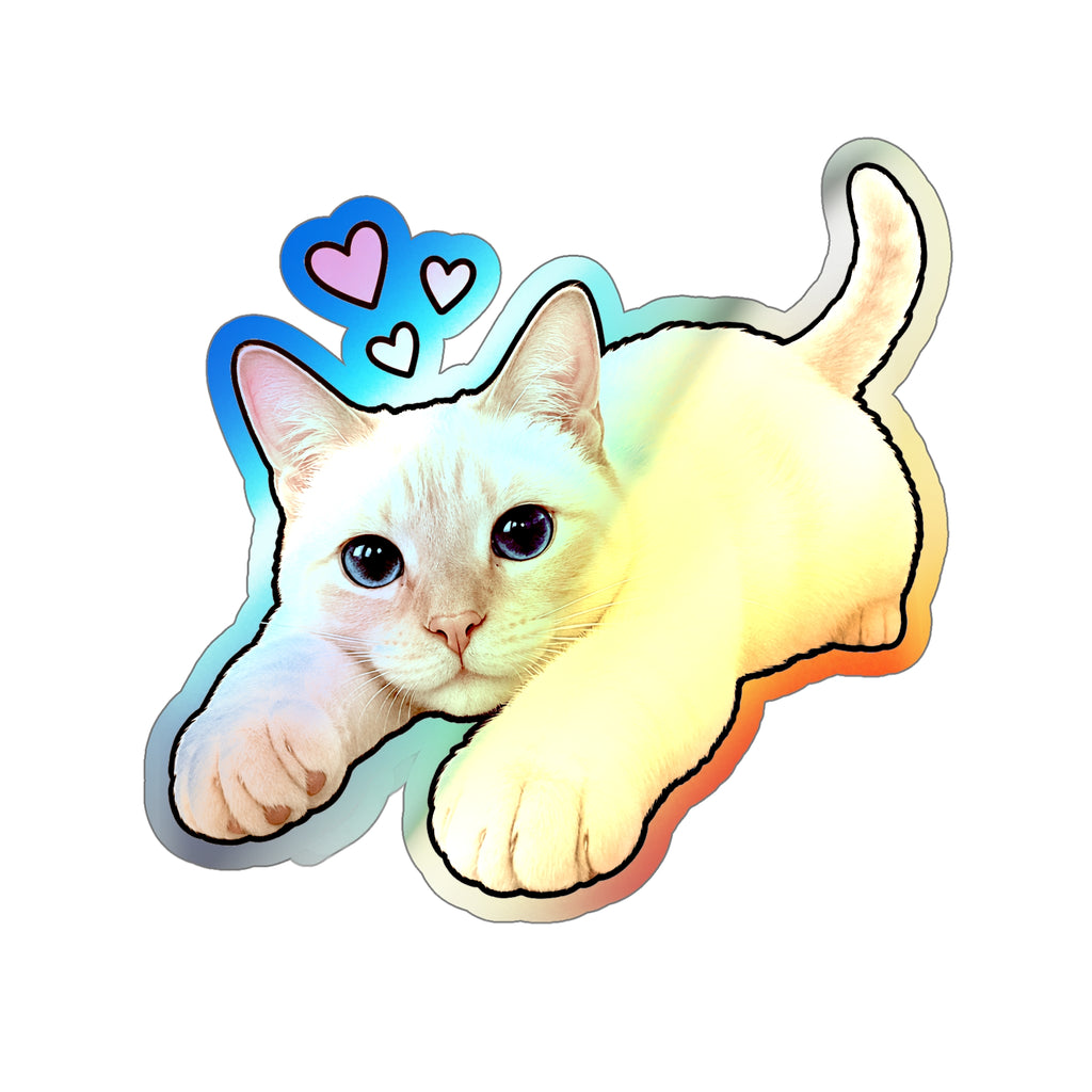 Holographic Cat Die-Cut Sticker — Cute Siamese Kitten with Hearts