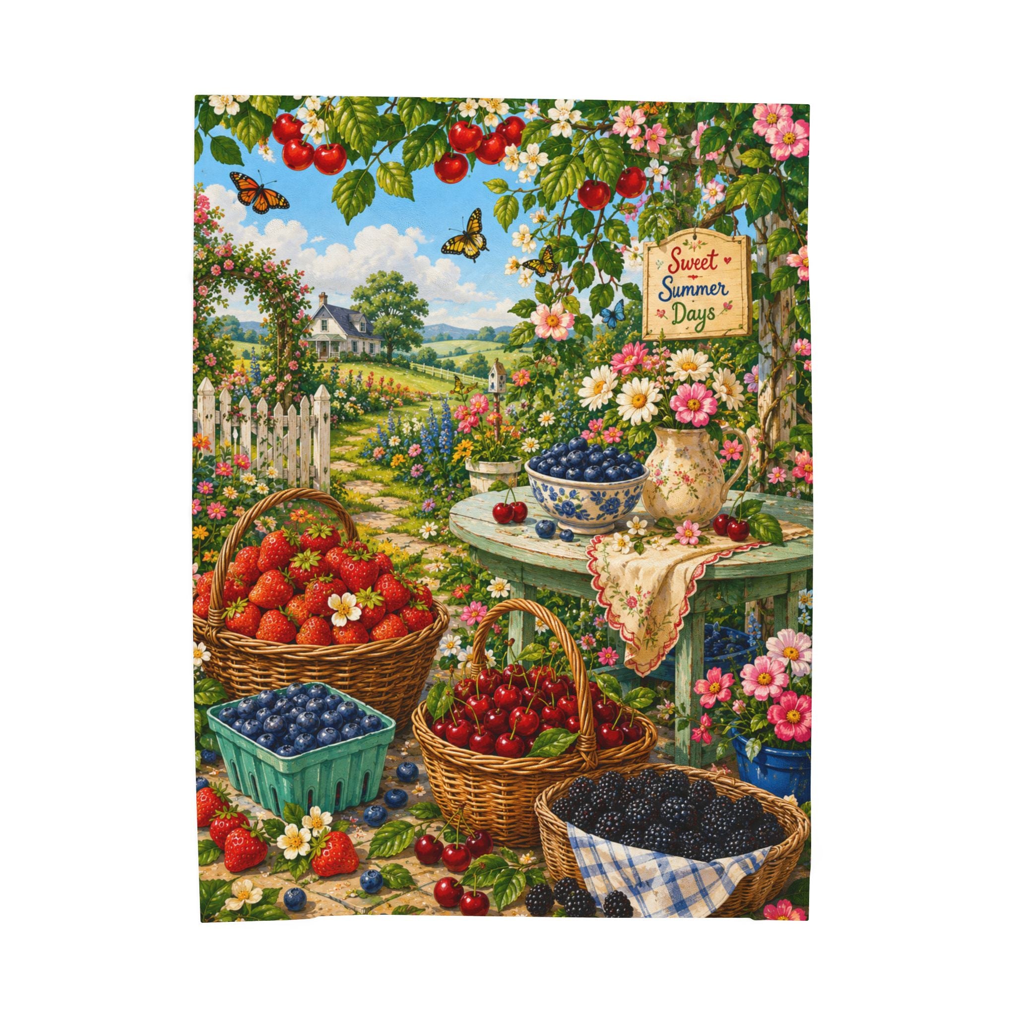 Velveteen Blanket — "Sweet Summer Days" Cottage Garden Berry Print Plush Throw