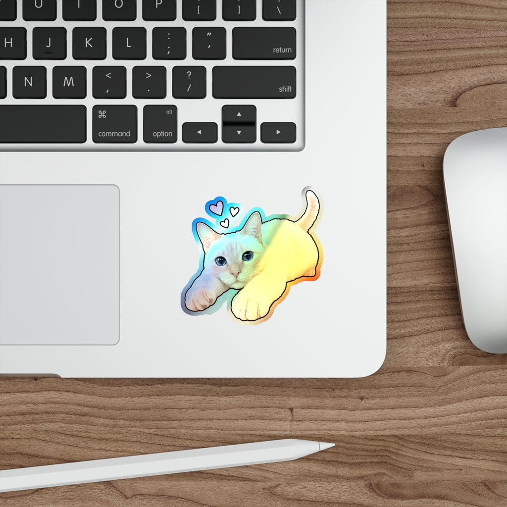 Holographic Cat Die-Cut Sticker — Cute Siamese Kitten with Hearts