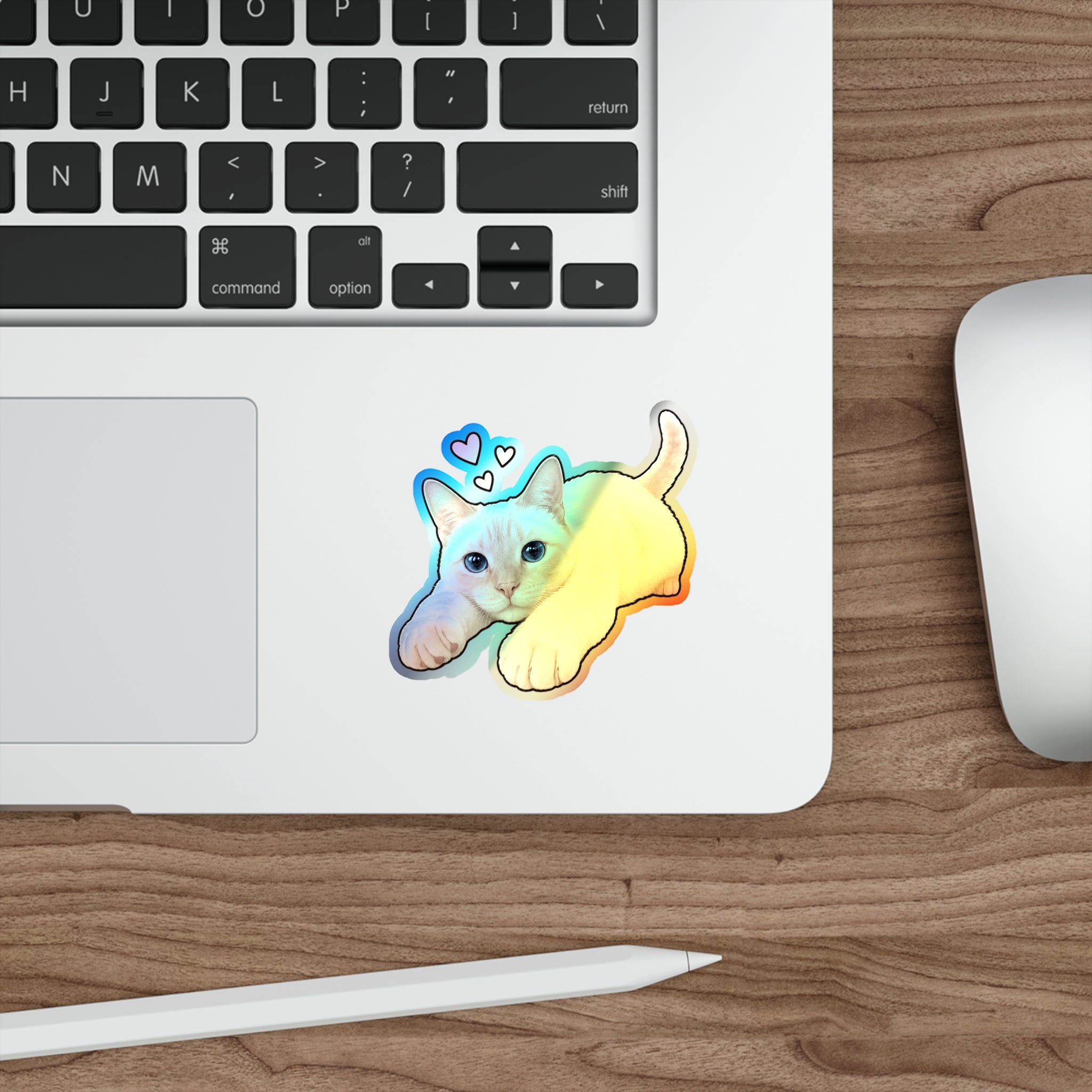 Holographic Cat Die-Cut Sticker — Cute Siamese Kitten with Hearts
