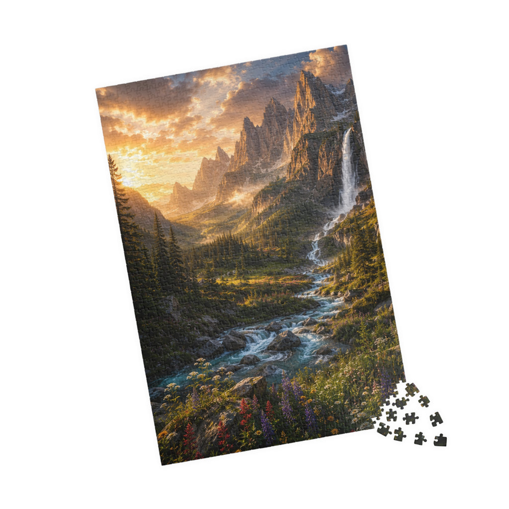 Mountain Valley Waterfall Jigsaw Puzzle — Scenic Nature Landscape Puzzle (110/252/520/1014 pcs)