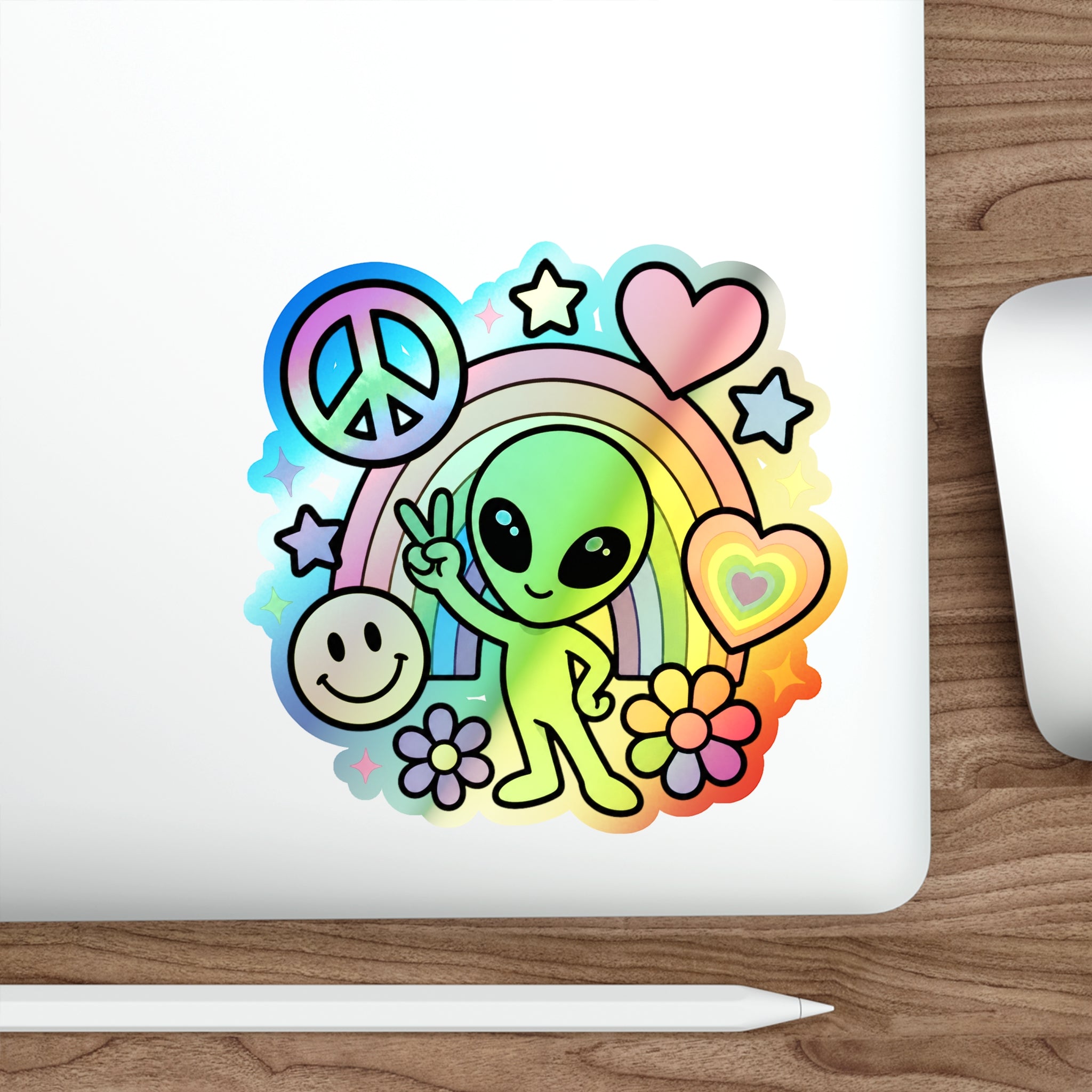 Holographic Alien Peace Sticker — Rainbow Die-Cut Vinyl #02