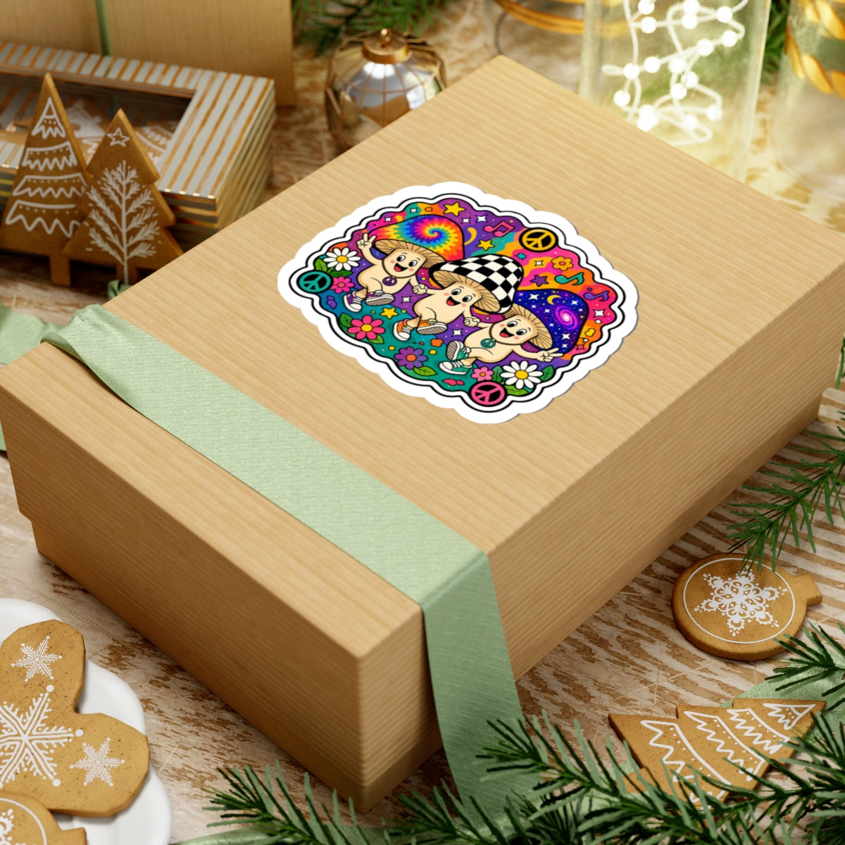 Psychedelic Mushroom Trio Kiss-Cut Sticker — Cute Hippie Peace & Flowers