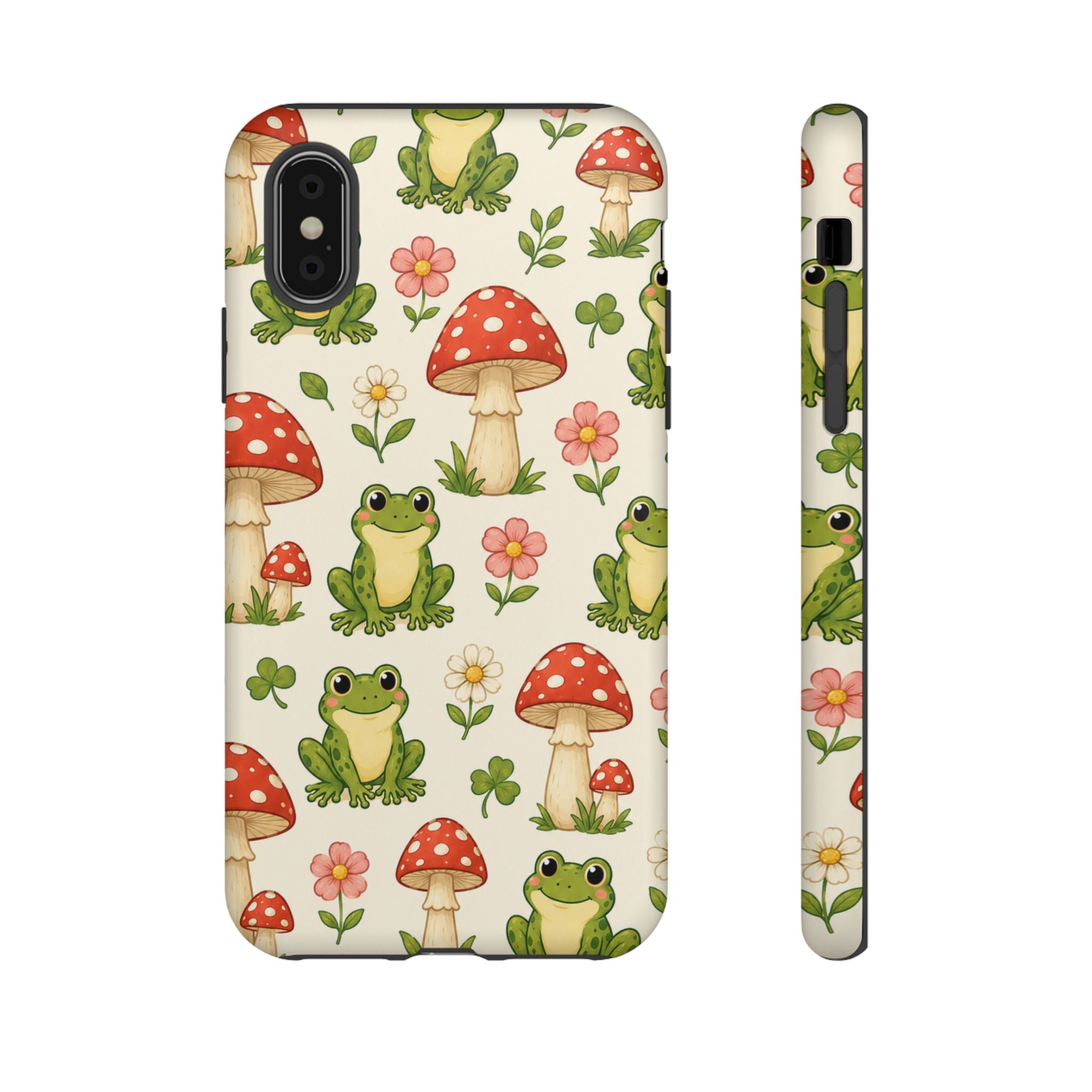 Kawaii Frog & Red Capped Mushroom Phone Case – Cute Nature Pattern Protective Cover