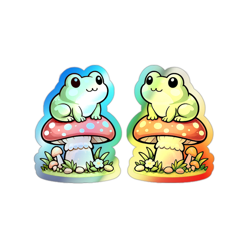 Holographic Frog on Mushroom Die-Cut Sticker — Cute Kawaii Vinyl Decal