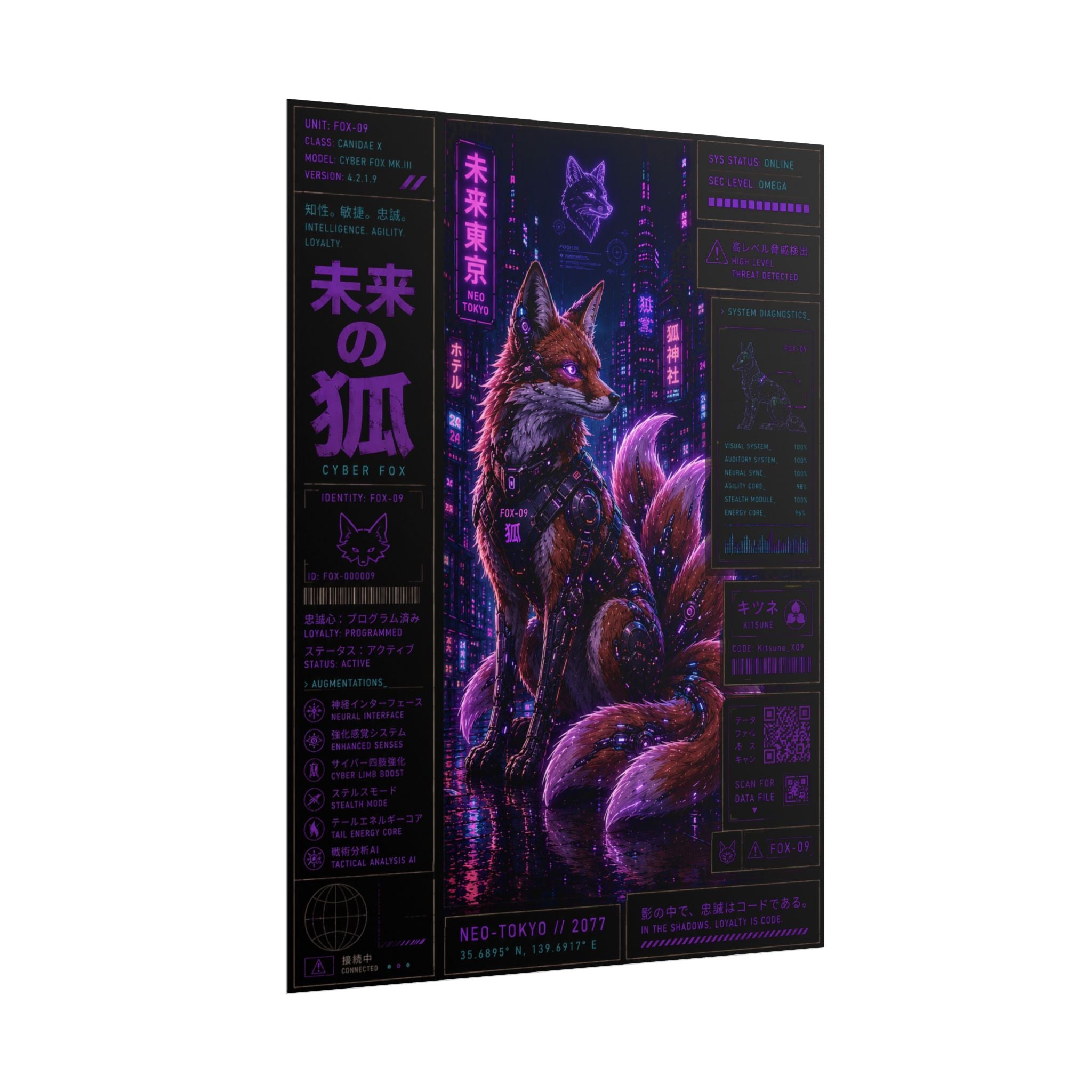 Cyberpunk Fox Poster — Neon Japanese Kitsune Art Print (Rolled Poster)