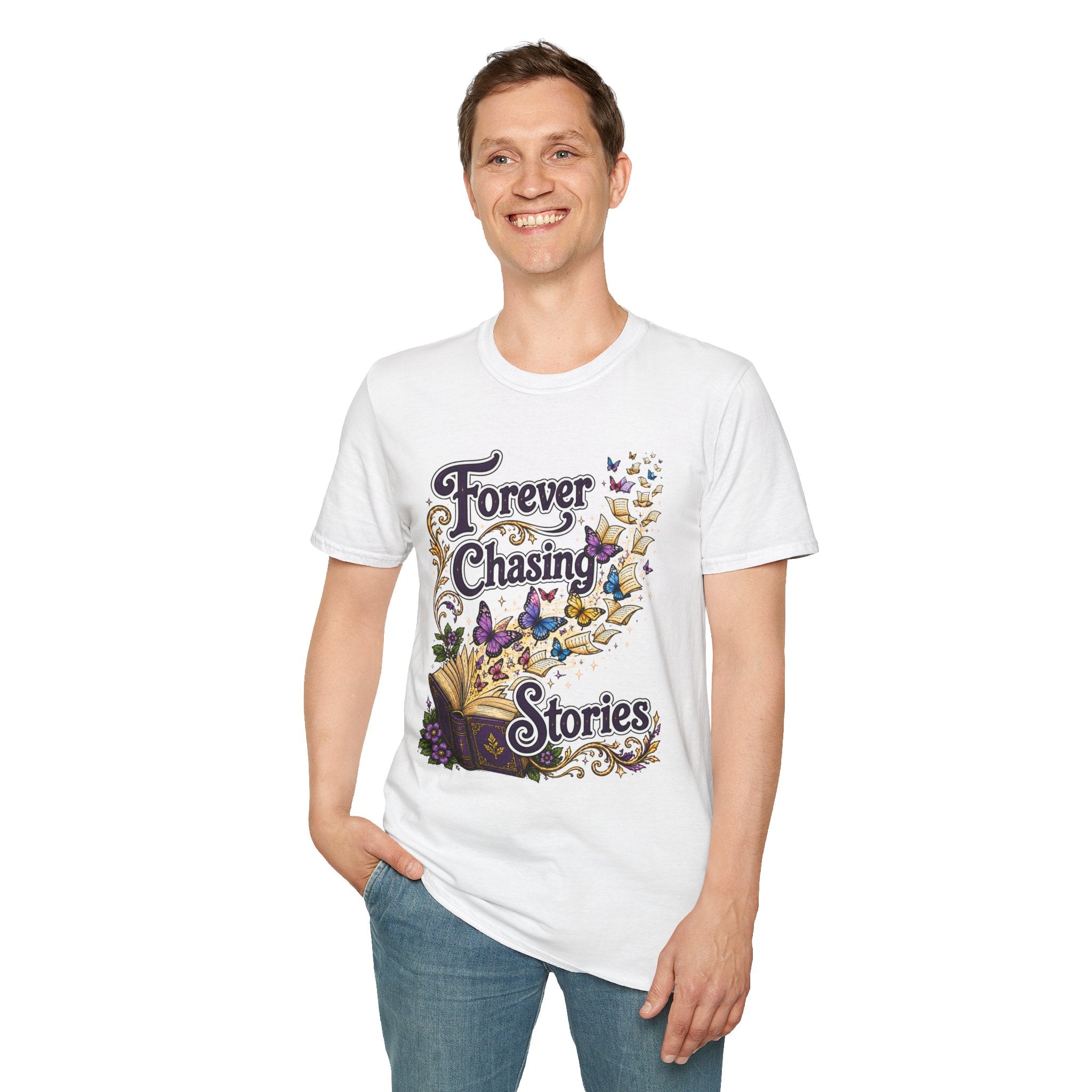 T-Shirt — "Forever Chasing Stories" Book Lover Graphic Tee