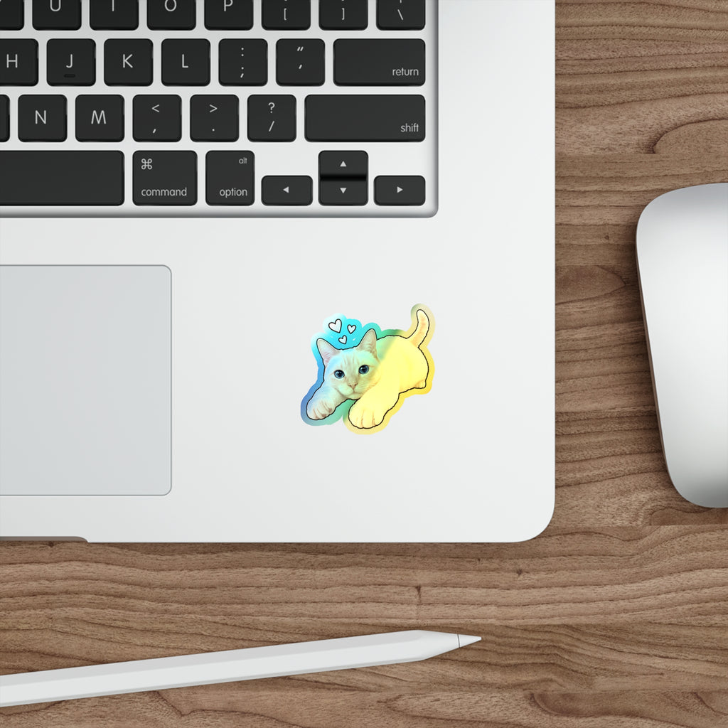 Holographic Cat Die-Cut Sticker — Cute Siamese Kitten with Hearts