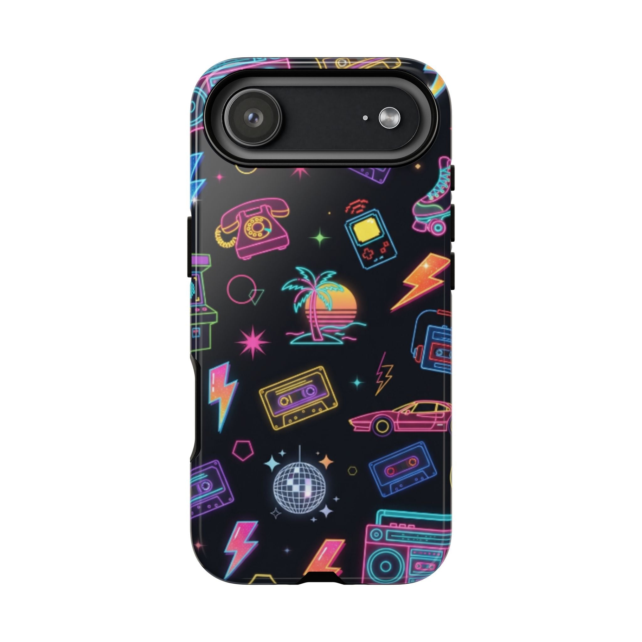 Retro Neon 80s Phone Case — Cassette, Roller Skate & Palm Tree Pattern