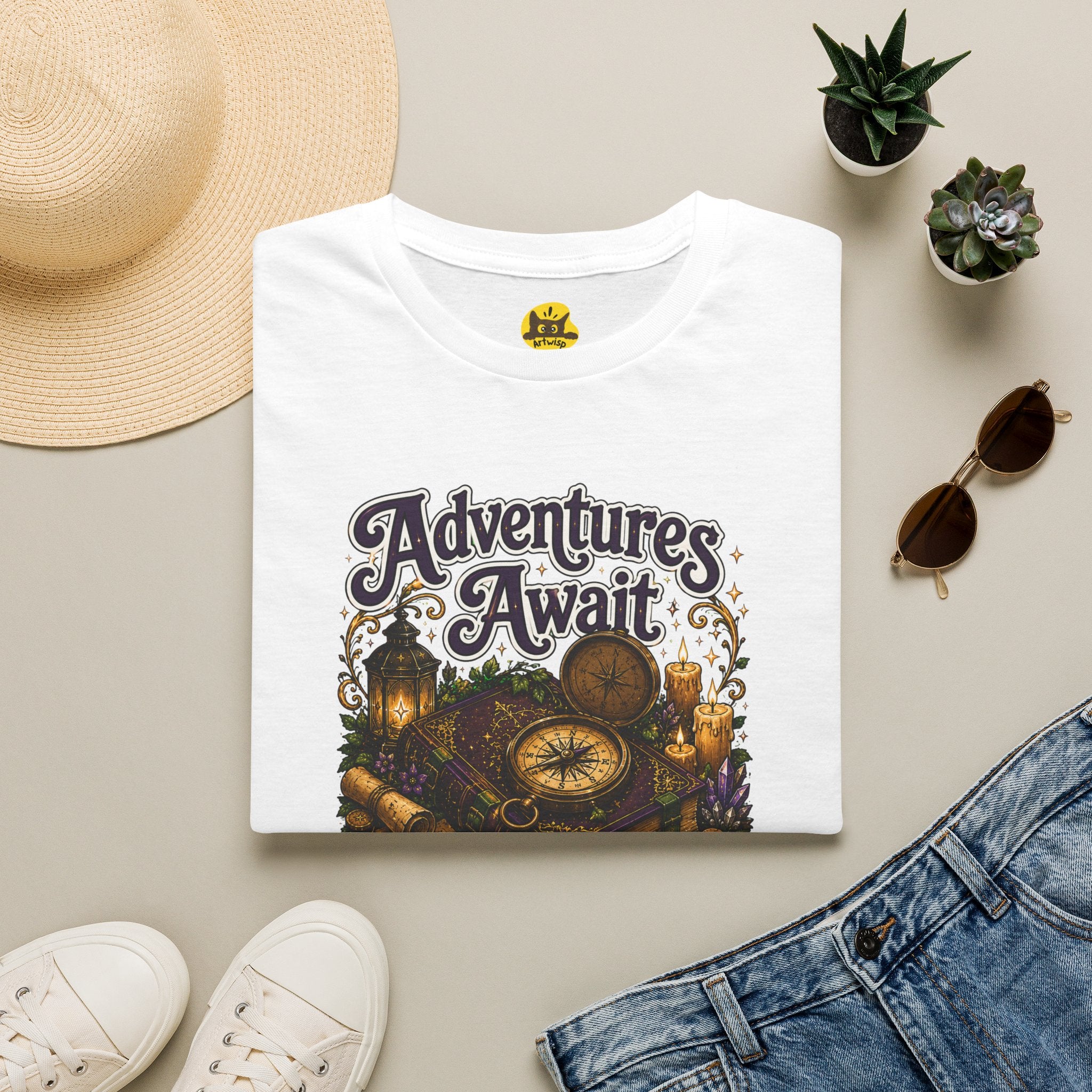 T-Shirt — "Adventures Await" Compass & Candle Travel Graphic