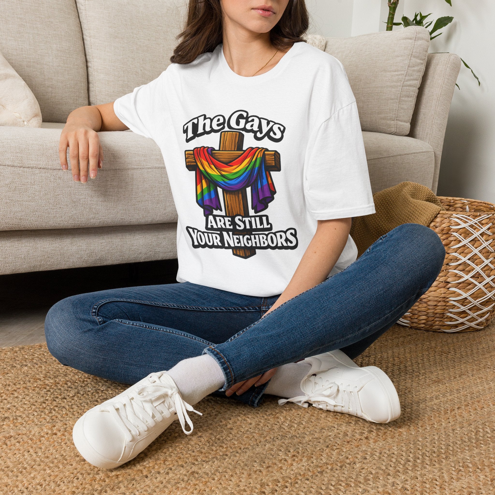 T-Shirt — “The Gays Are Still Your Neighbors” Rainbow Cross Pride Tee