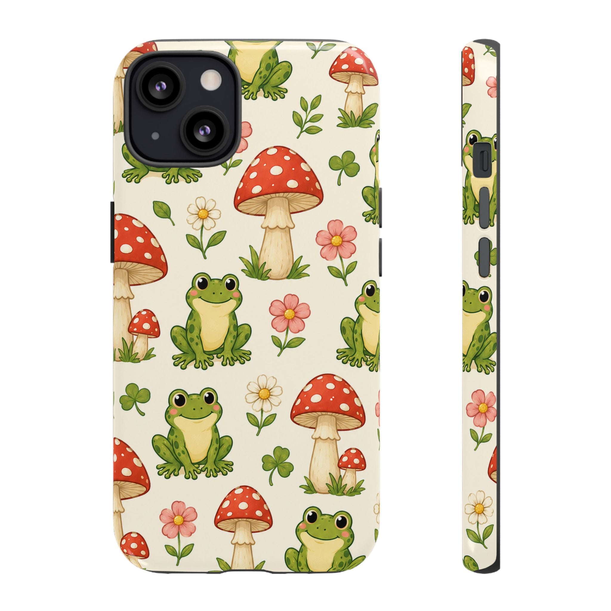 Kawaii Frog & Red Capped Mushroom Phone Case – Cute Nature Pattern Protective Cover