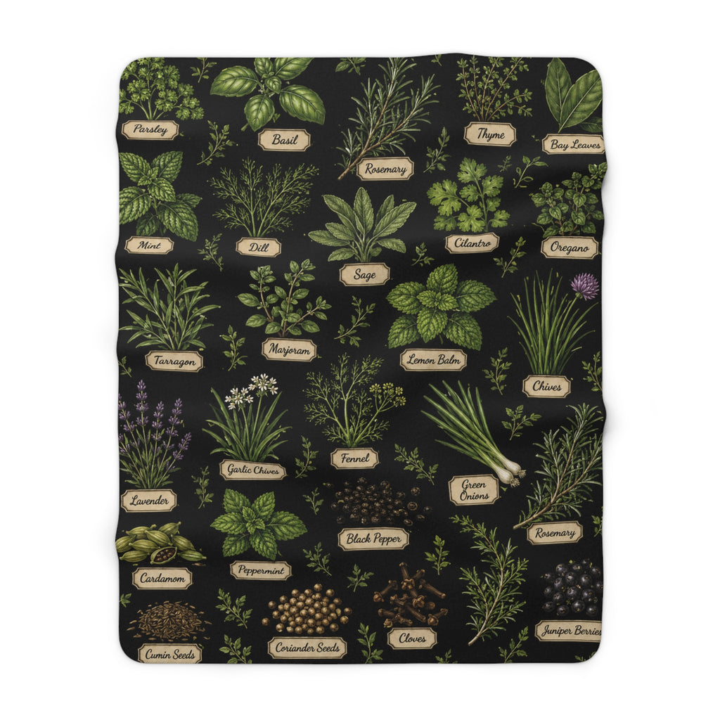 Herb Garden Sherpa Blanket — Cozy Fleece Throw with Labeled Botanical Print