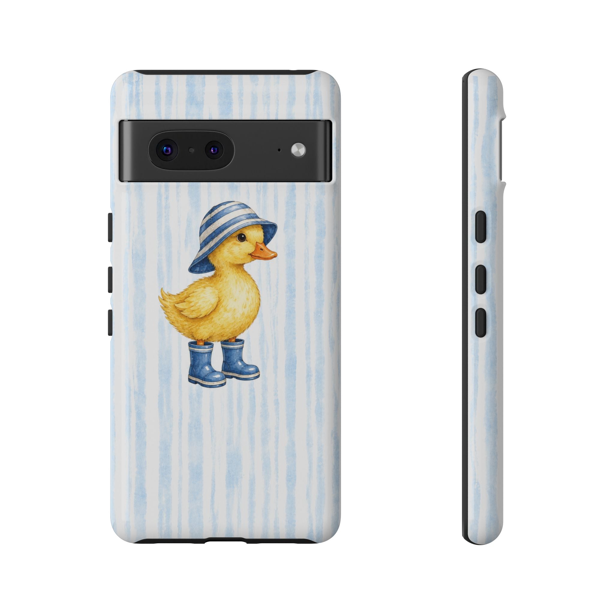 Cute Duckling Phone Case – Baby Blue Stripes with Duck in Hat & Boots