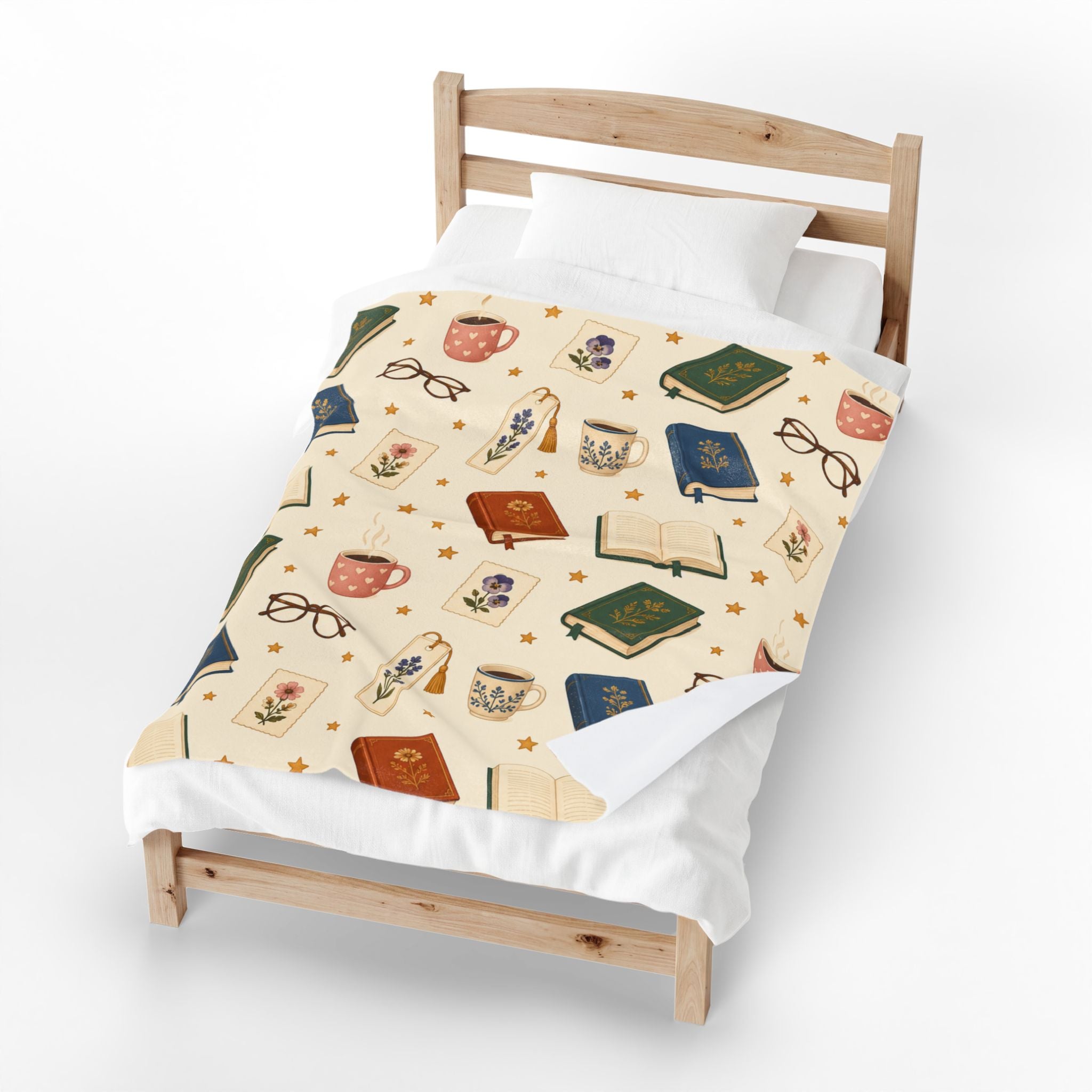 Reading Nook Velveteen Plush Blanket — Cozy Book & Tea Pattern Throw