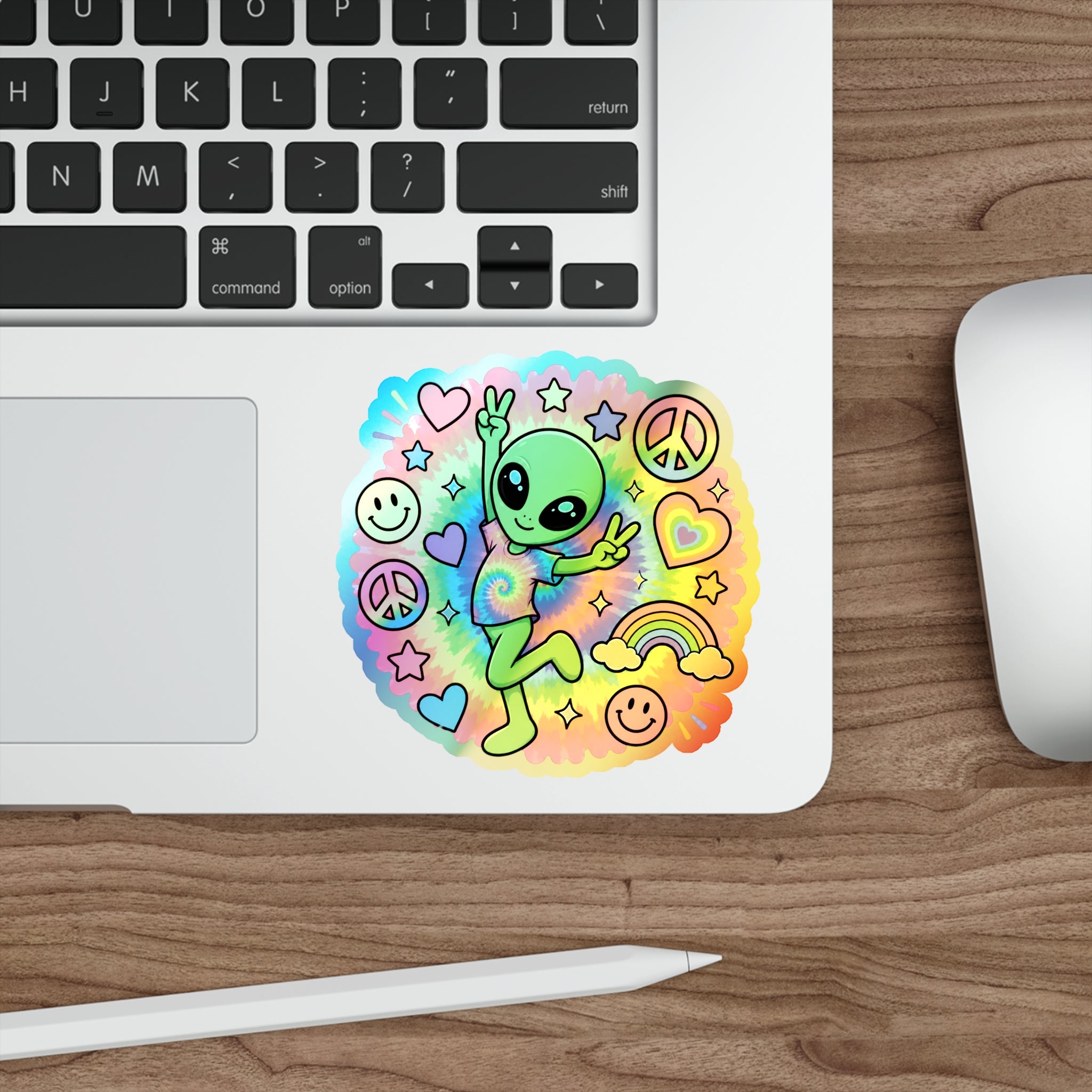 Holographic Alien Peace Sticker — Tie-Dye Vibe Die-Cut Sticker #06
