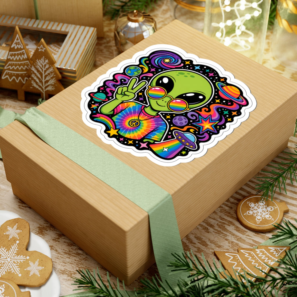 Psychedelic Alien Peace Sticker — Rainbow Tie-Dye UFO Kiss-Cut Decal