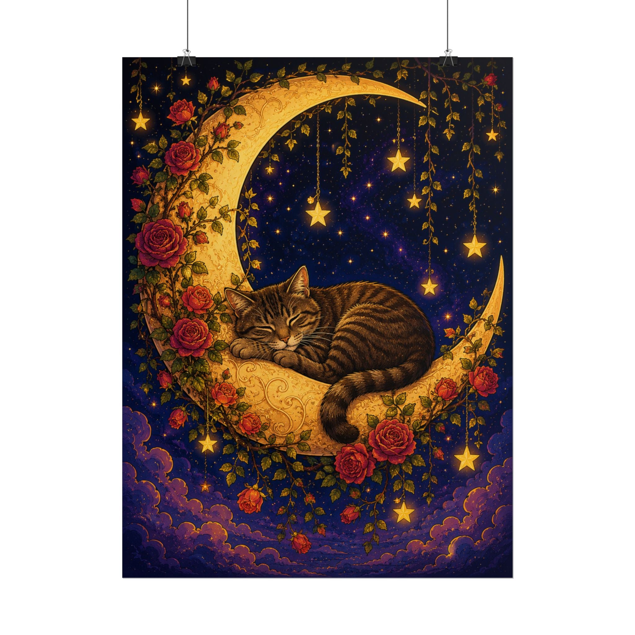 Sleeping Brown Mackerel Tabby Cat on Crescent Moon Poster — Whimsical Night Sky Wall Art