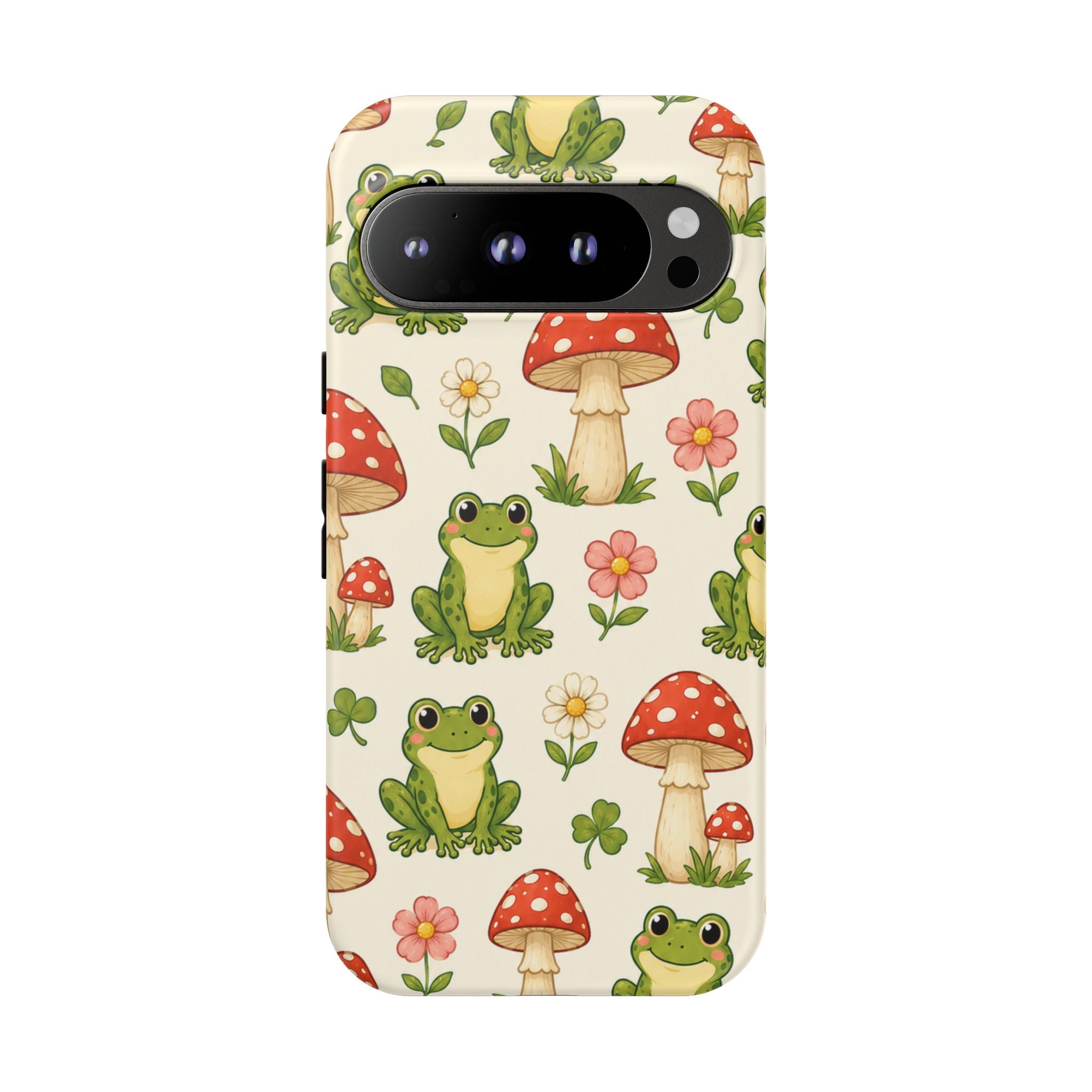 Kawaii Frog & Red Capped Mushroom Phone Case – Cute Nature Pattern Protective Cover