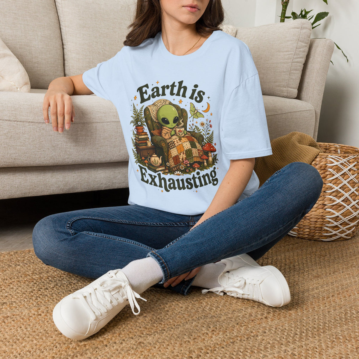 Earth Is Exhausting Alien T-Shirt — Cute Retro Cozy Space Graphic Tee