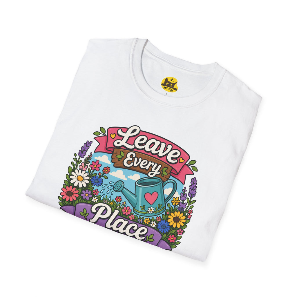 Leave Every Place Better T-Shirt — Floral Watering Can Eco-Friendly Tee