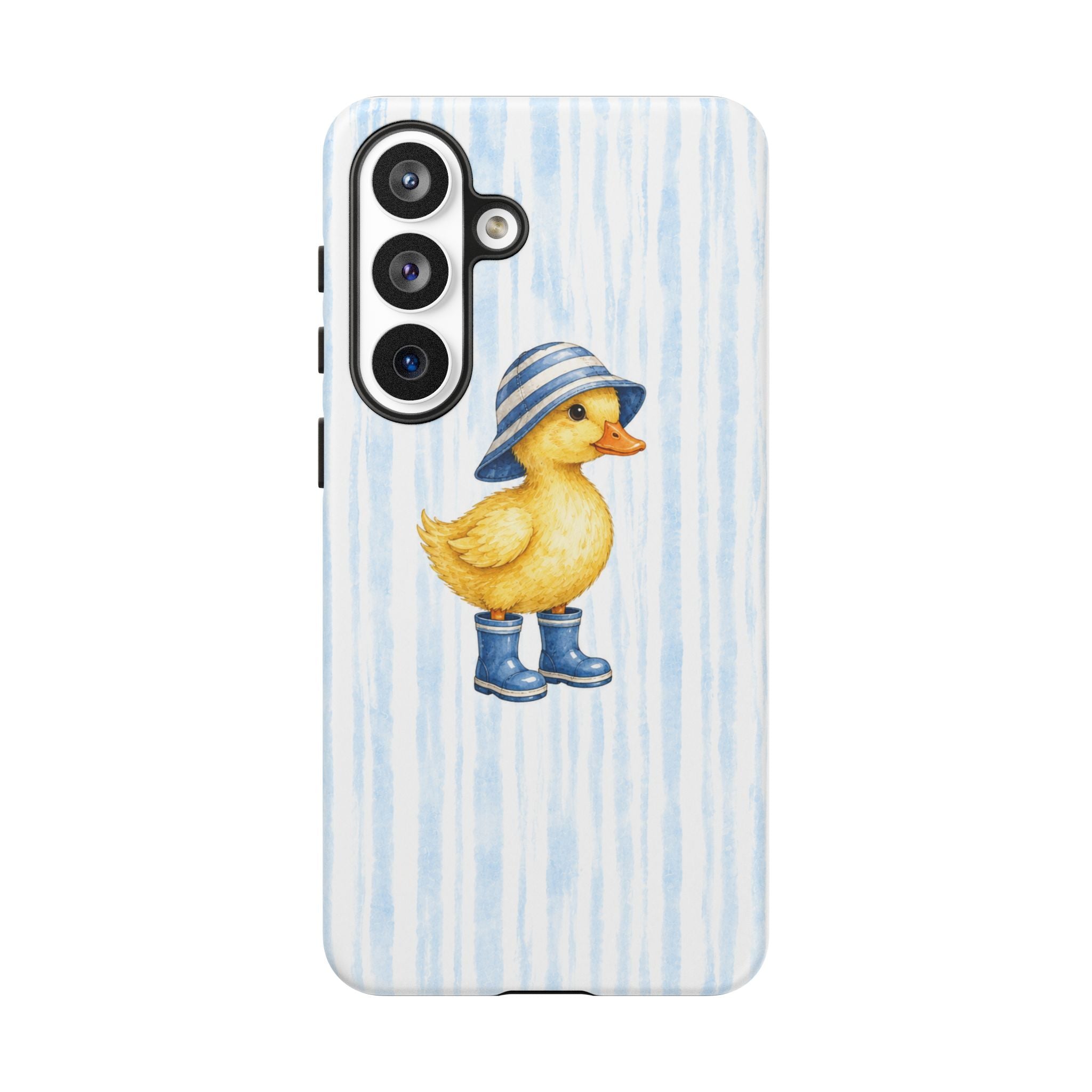 Cute Duckling Phone Case – Baby Blue Stripes with Duck in Hat & Boots