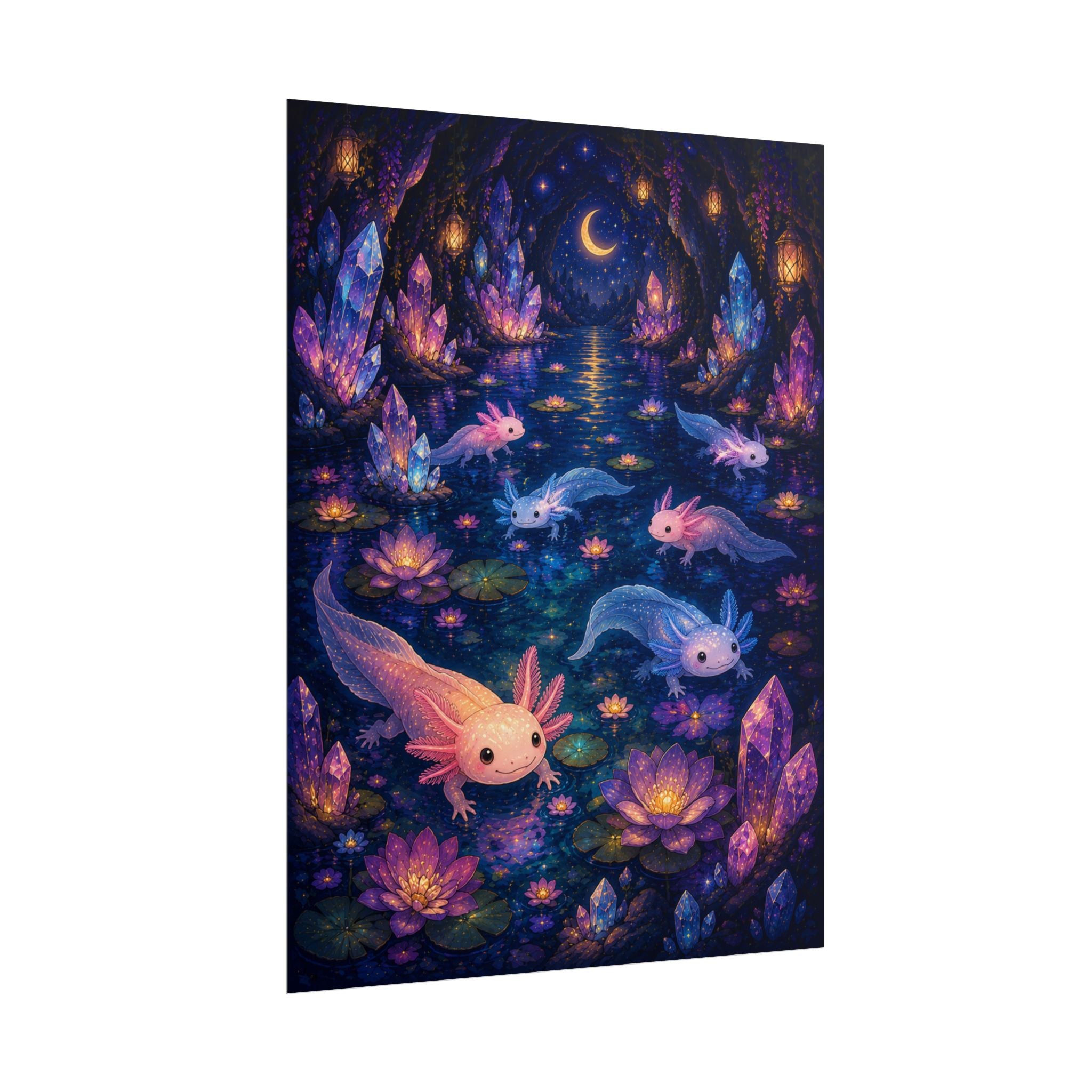 Axolotl Nightscape Poster — Fantasy Moonlit Aquatic Art Print