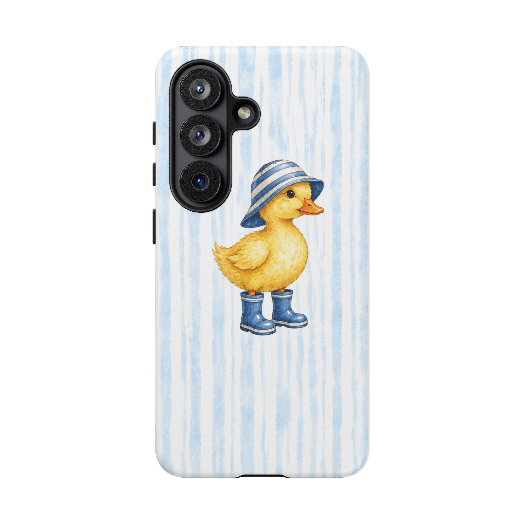 Cute Duckling Phone Case – Baby Blue Stripes with Duck in Hat & Boots
