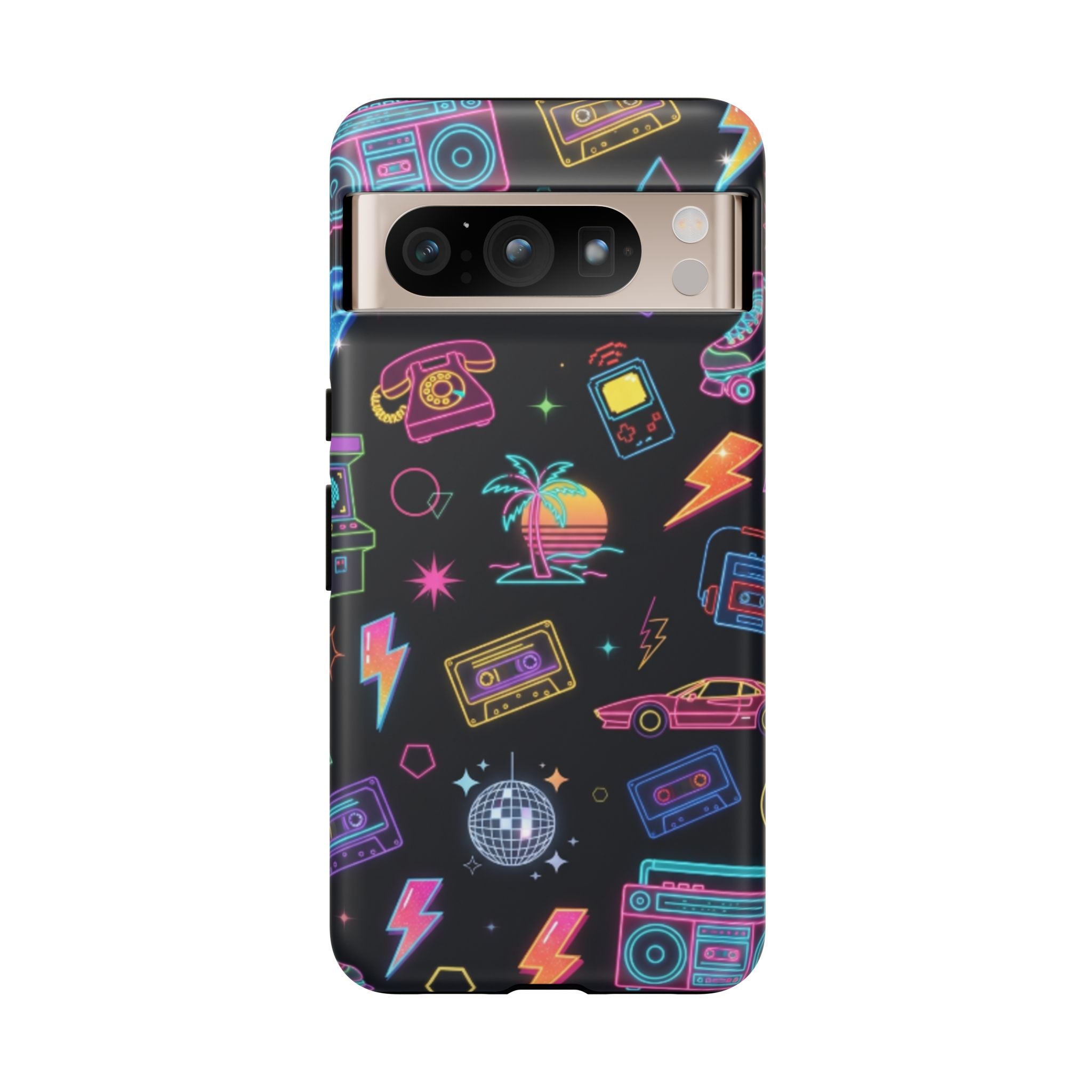 Retro Neon 80s Phone Case — Cassette, Roller Skate & Palm Tree Pattern