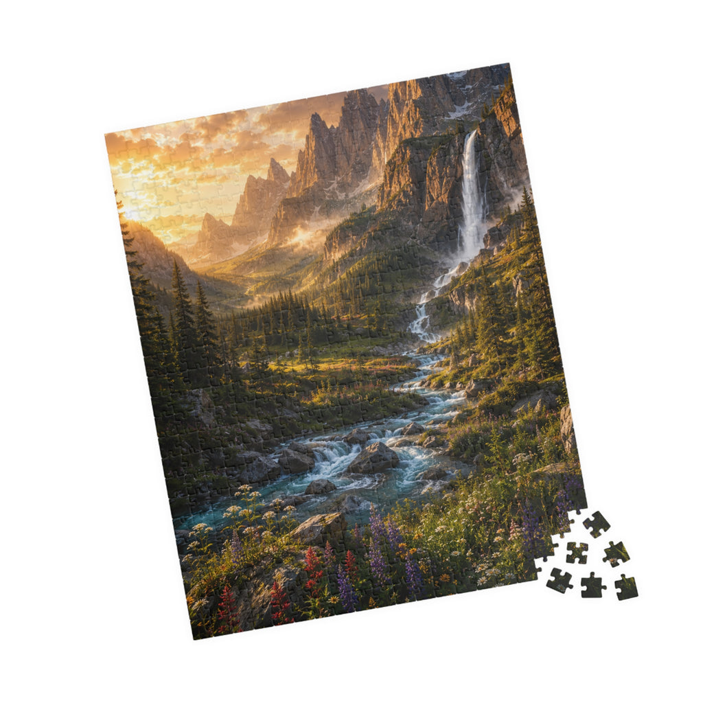 Mountain Valley Waterfall Jigsaw Puzzle — Scenic Nature Landscape Puzzle (110/252/520/1014 pcs)