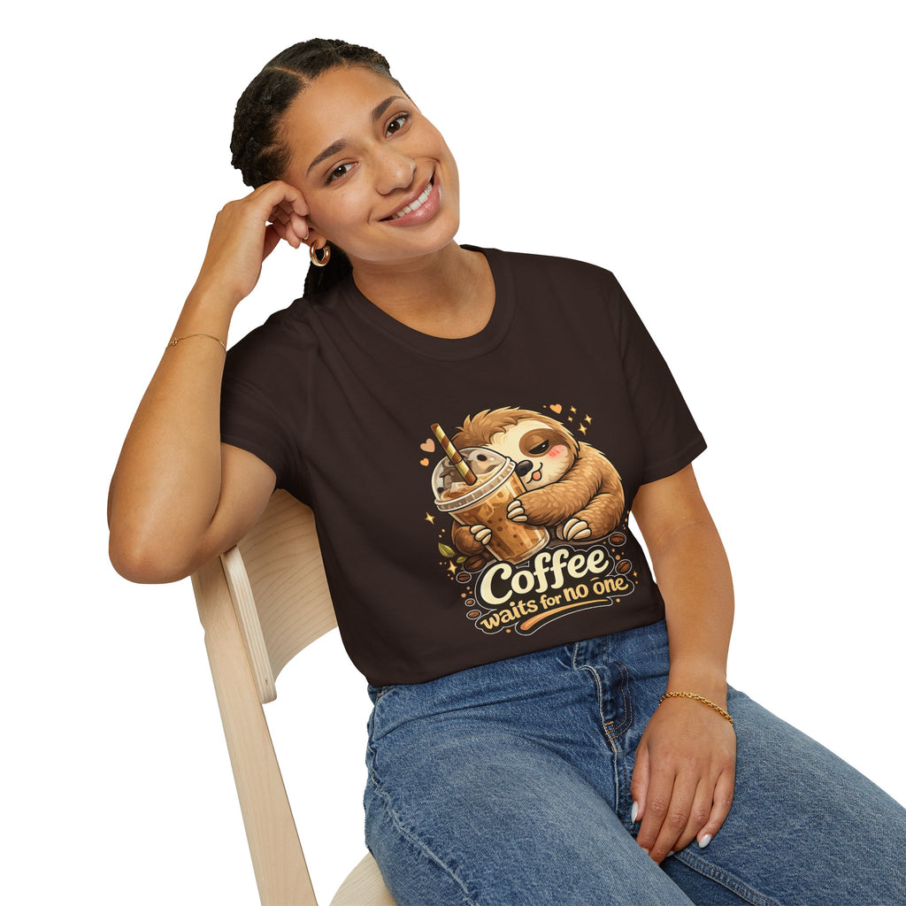 Cute Sloth Hugging Iced Coffee "Coffee Waits For No One" — T‑Shirt Gift
