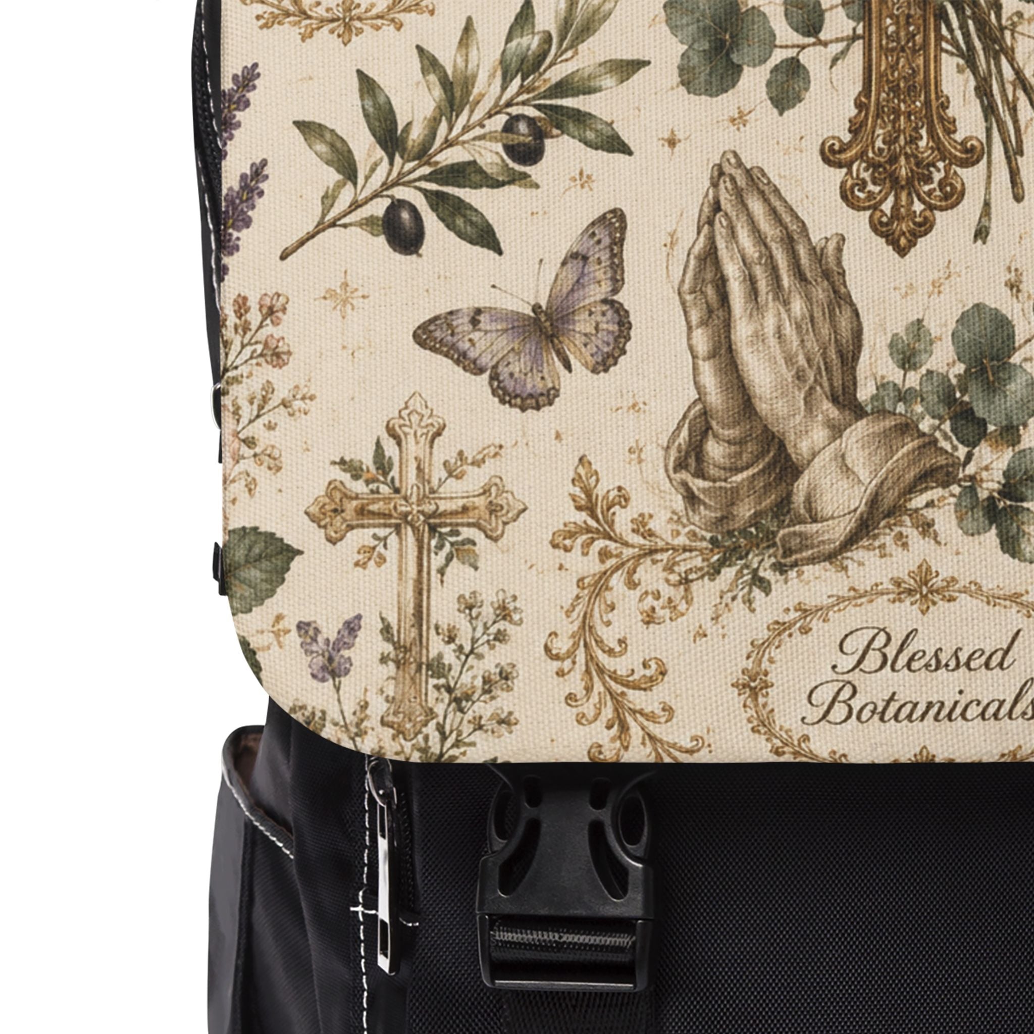 Vintage Prayer Garden Shoulder Backpack — 'Blessed Botanicals' Book & Praying Hands Design