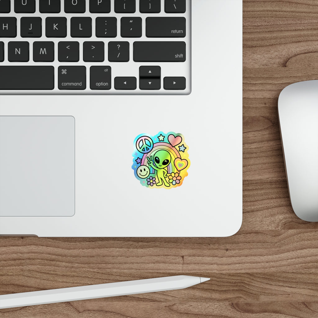 Holographic Alien Peace Sticker — Rainbow Die-Cut Vinyl #02