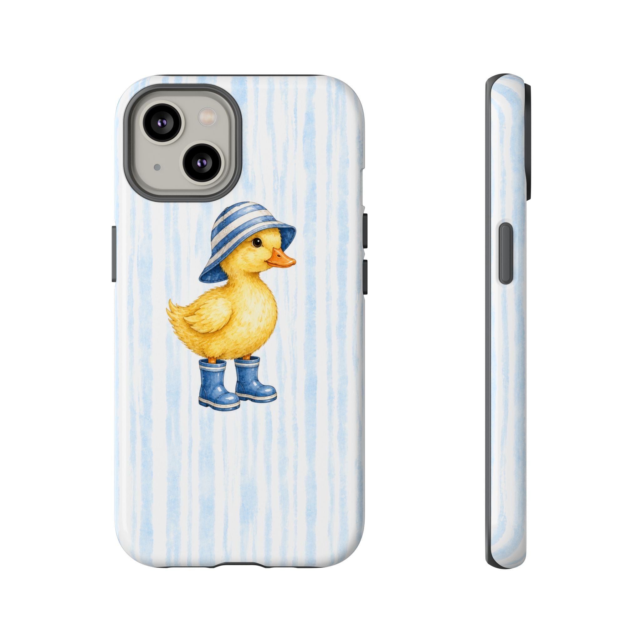 Cute Duckling Phone Case – Baby Blue Stripes with Duck in Hat & Boots