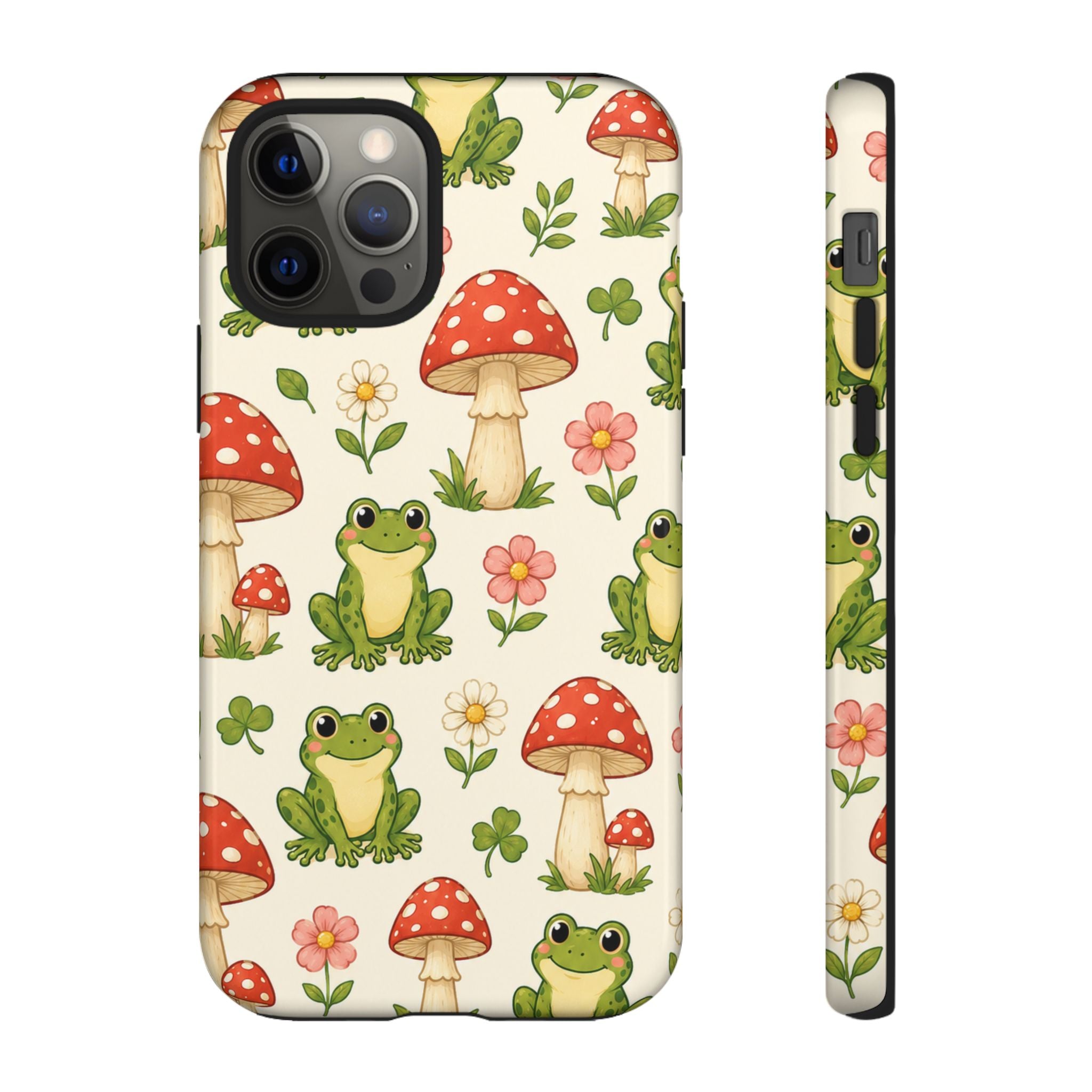 Kawaii Frog & Red Capped Mushroom Phone Case – Cute Nature Pattern Protective Cover