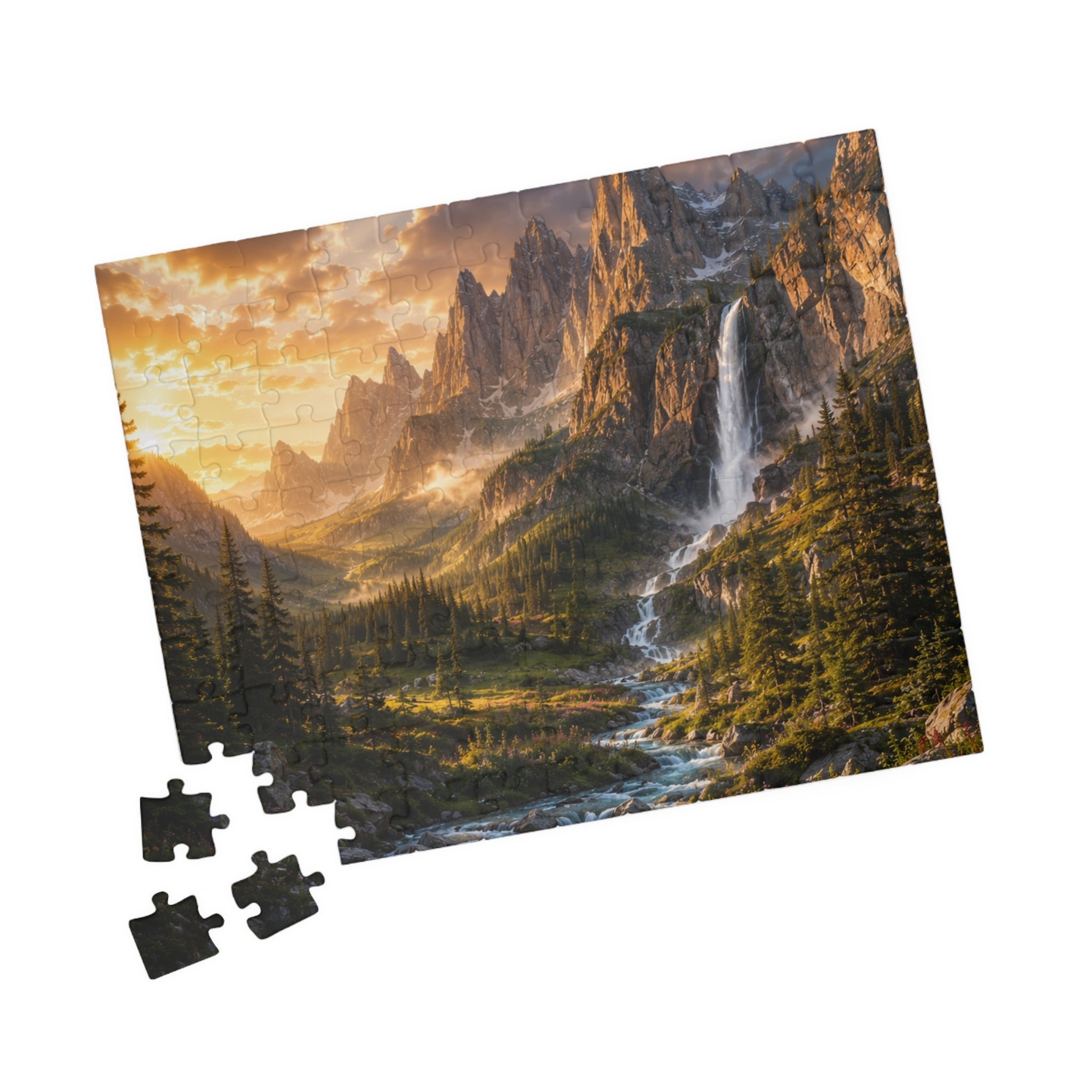 Mountain Valley Waterfall Jigsaw Puzzle — Scenic Nature Landscape Puzzle (110/252/520/1014 pcs)
