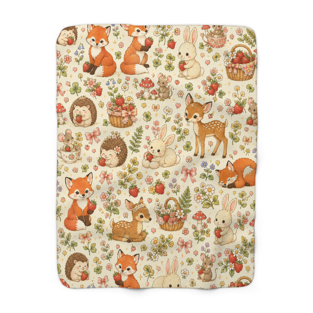 Strawberry Picnic Woodland Friends Sherpa Blanket