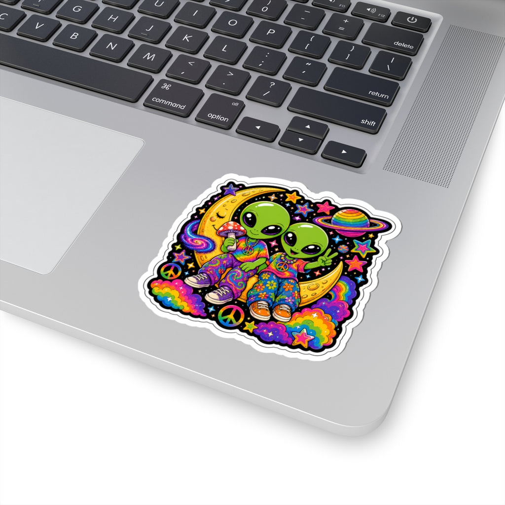 Psychedelic Alien Friends Sticker — Peace Sign, Rainbow Moon Kiss-Cut Sticker
