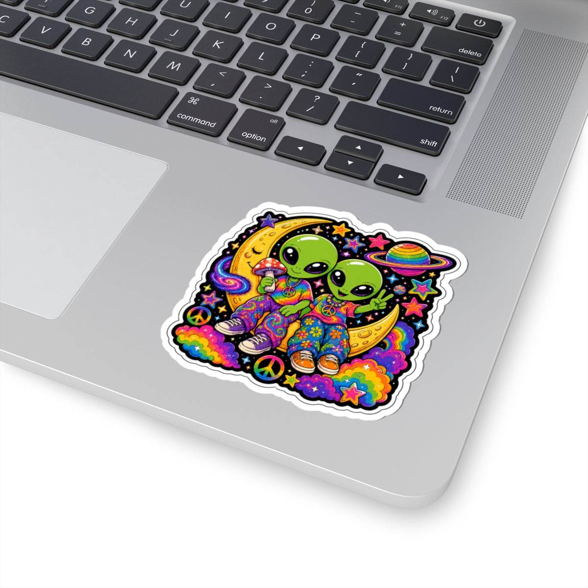 Psychedelic Alien Friends Sticker — Peace Sign, Rainbow Moon Kiss-Cut Sticker