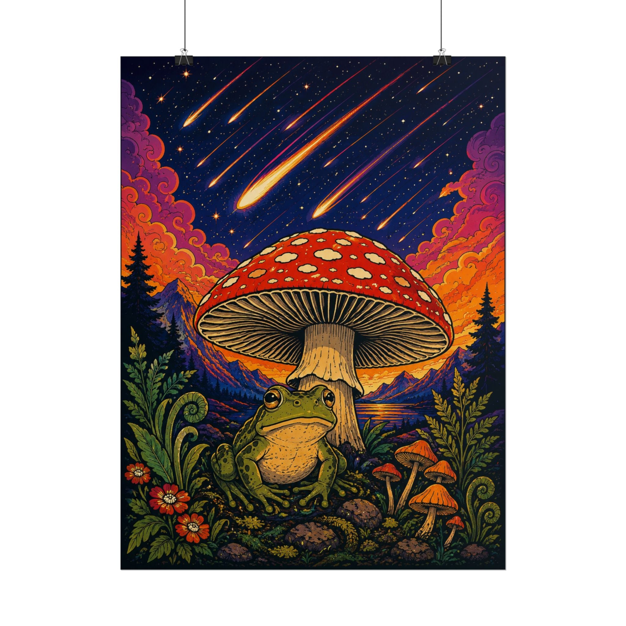 Psychedelic Toad & Mushroom Poster — Meteor Shower Night Sky Art Print