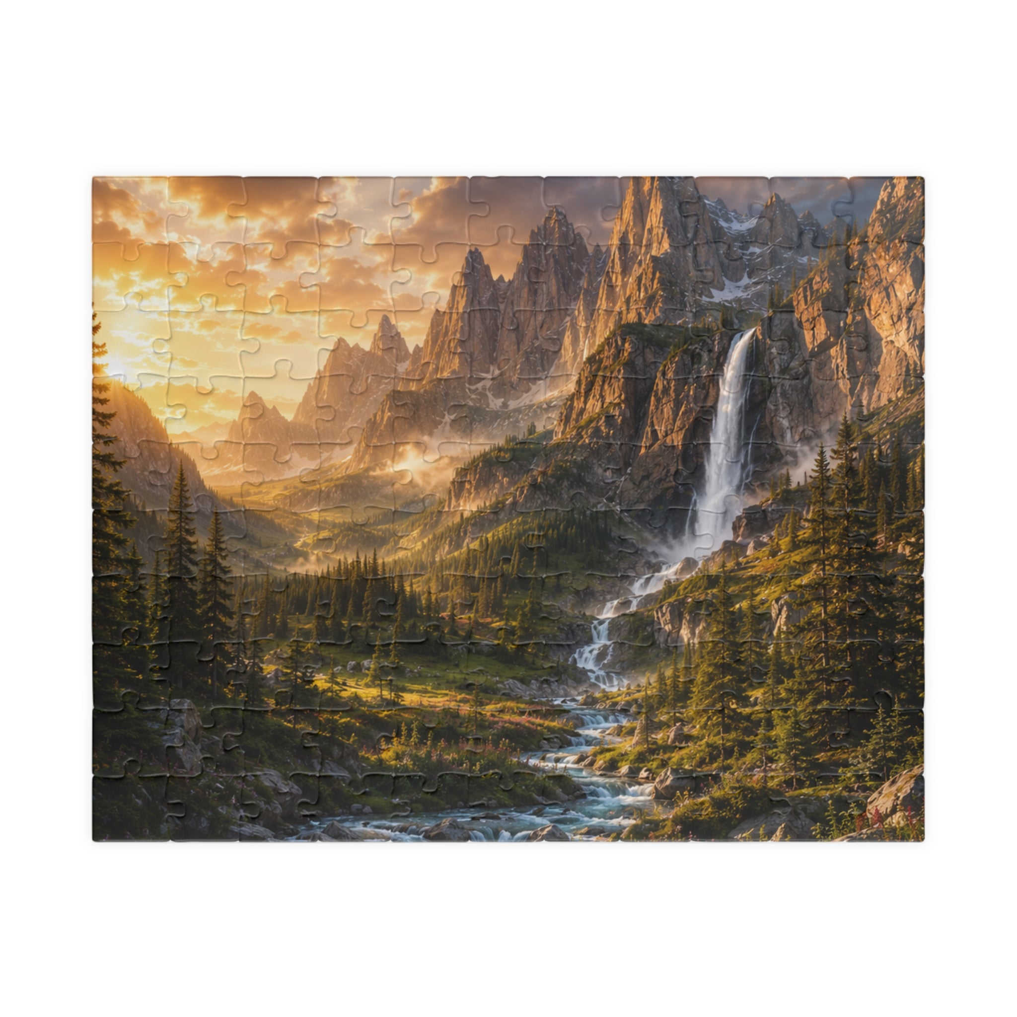 Mountain Valley Waterfall Jigsaw Puzzle — Scenic Nature Landscape Puzzle (110/252/520/1014 pcs)