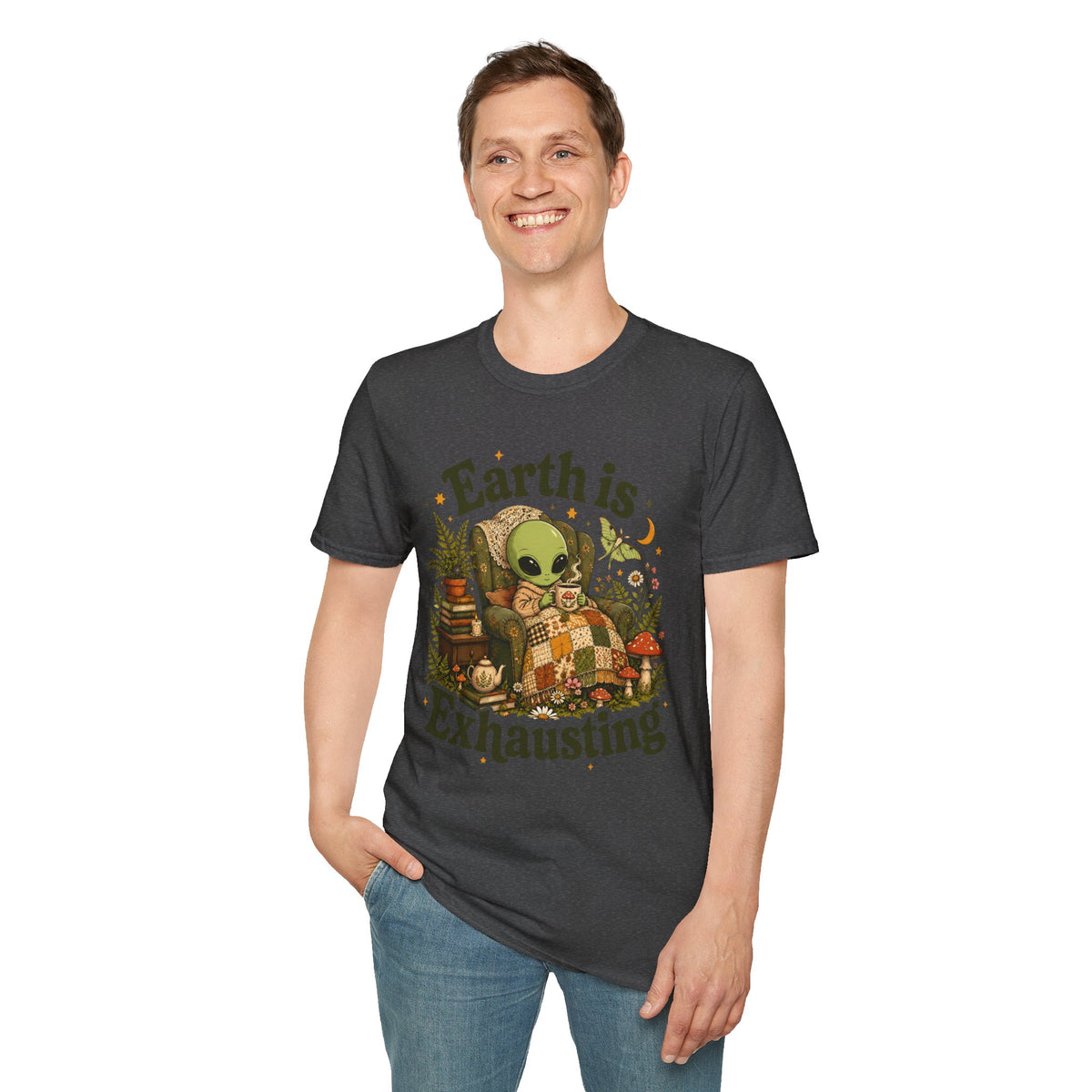 Earth Is Exhausting Alien T-Shirt — Cute Retro Cozy Space Graphic Tee