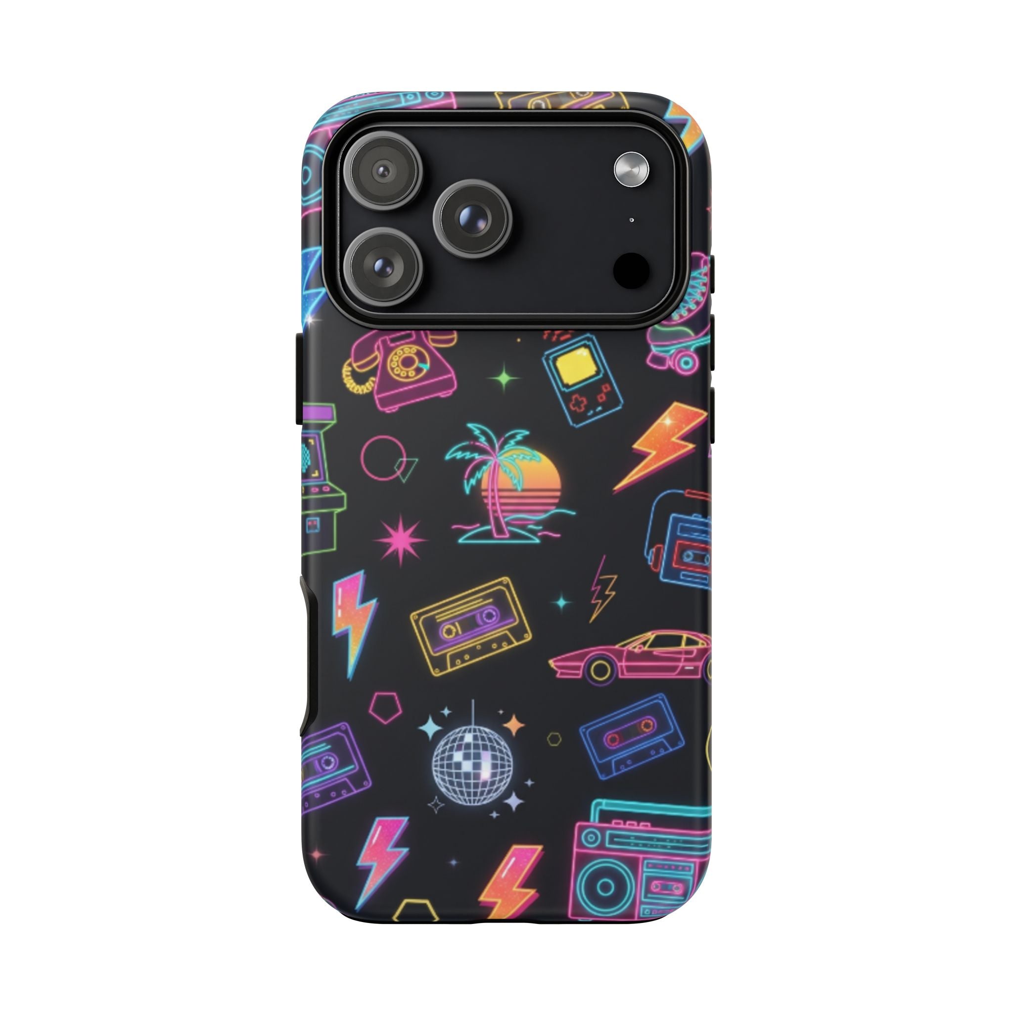 Retro Neon 80s Phone Case — Cassette, Roller Skate & Palm Tree Pattern