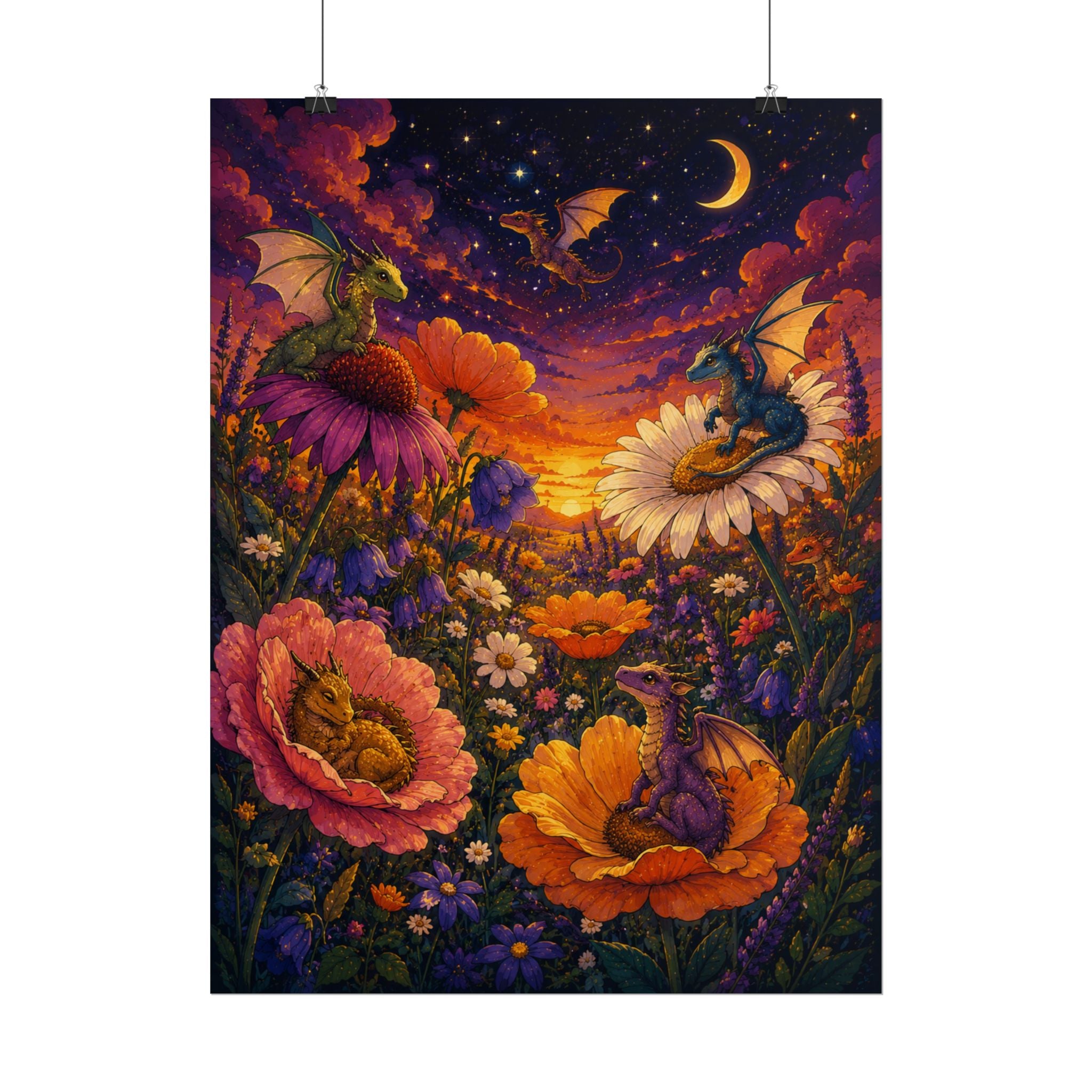 Fantasy Dragon Garden Poster — Whimsical Night Sky Floral Art Print (Rolled)