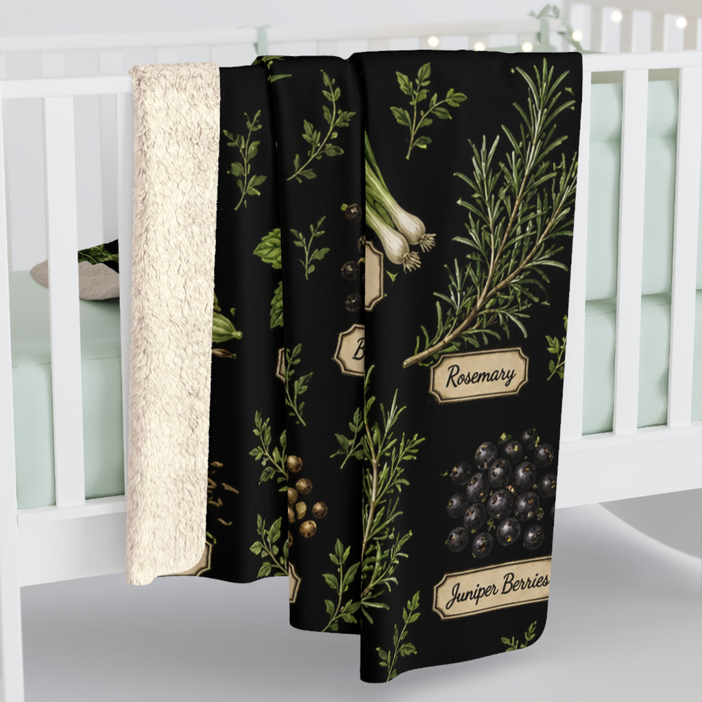 Herb Garden Sherpa Blanket — Cozy Fleece Throw with Labeled Botanical Print